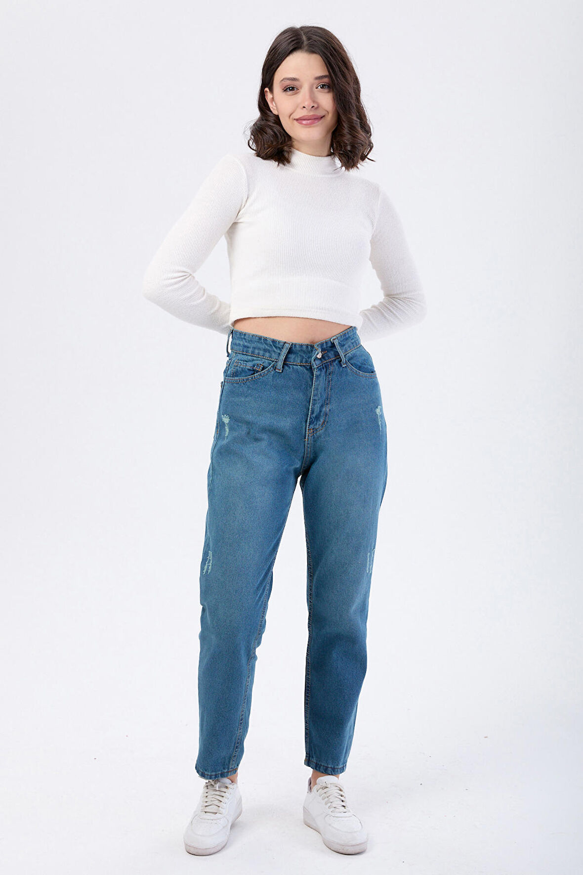 Düz Orta Kadın Yeşil Yüksek Bel Mom Jeans - 23668