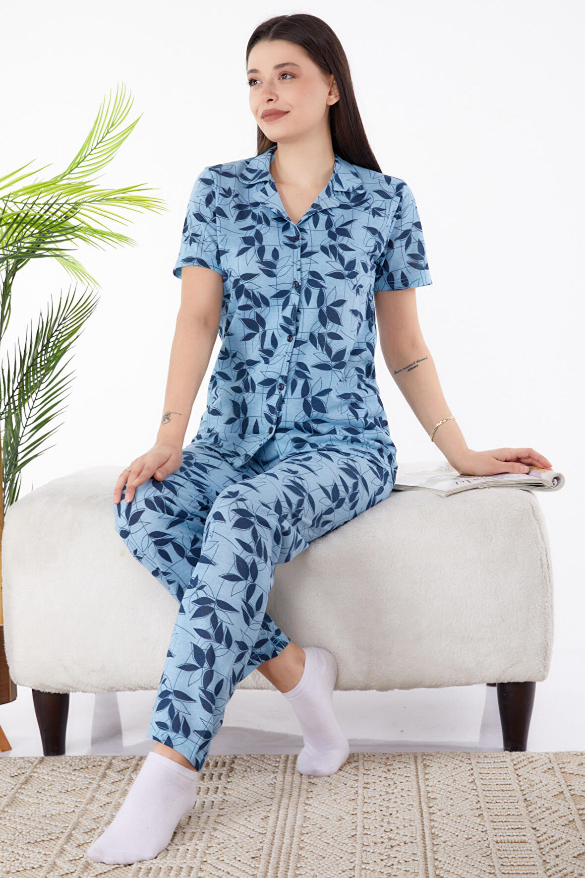 Düz Gömlek Yaka Kadın Mavi Pijama Takımı - 25264