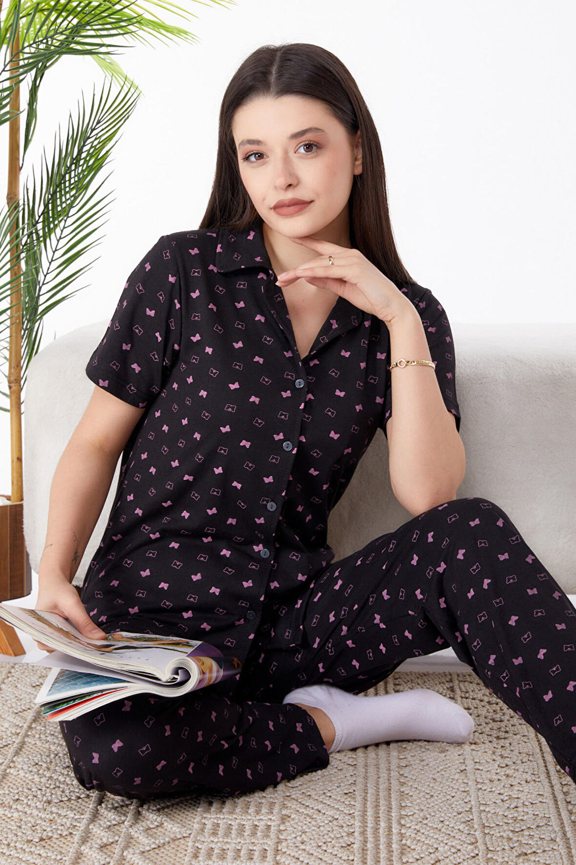 Düz Gömlek Yaka Kadın Siyah Pijama Takımı - 25273