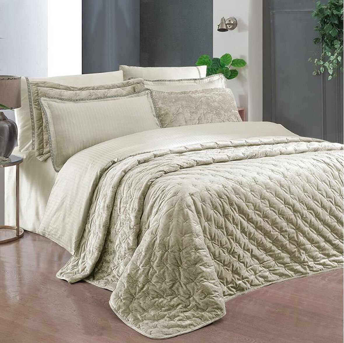 Sarev Metis Jacquard Stripe Çift Kişilik Bej Yatak Örtüsü Ve Nevresim Takımı