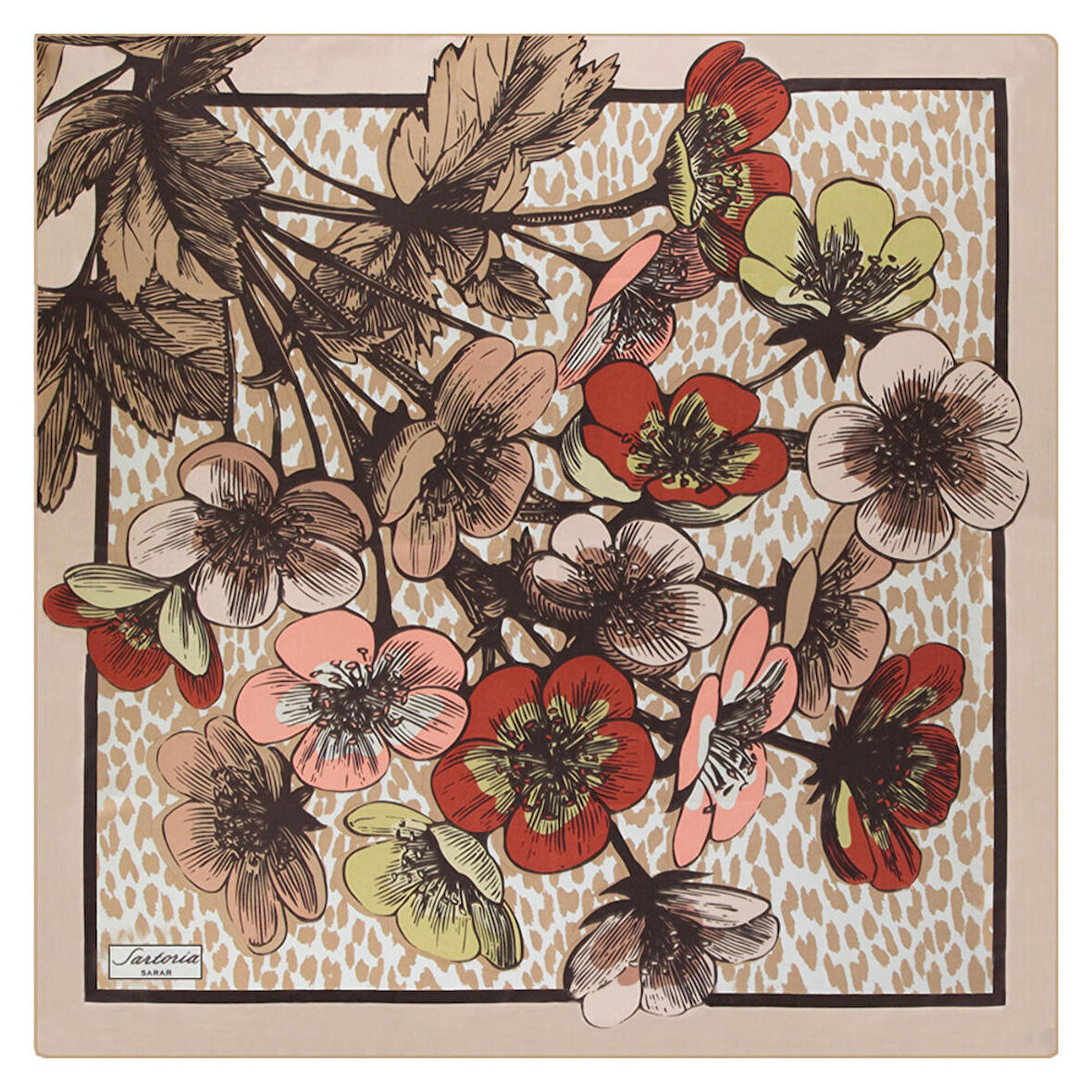 ÇİÇEK DESENLİ KAHVERENGİ TWİLL İPEK EŞARP