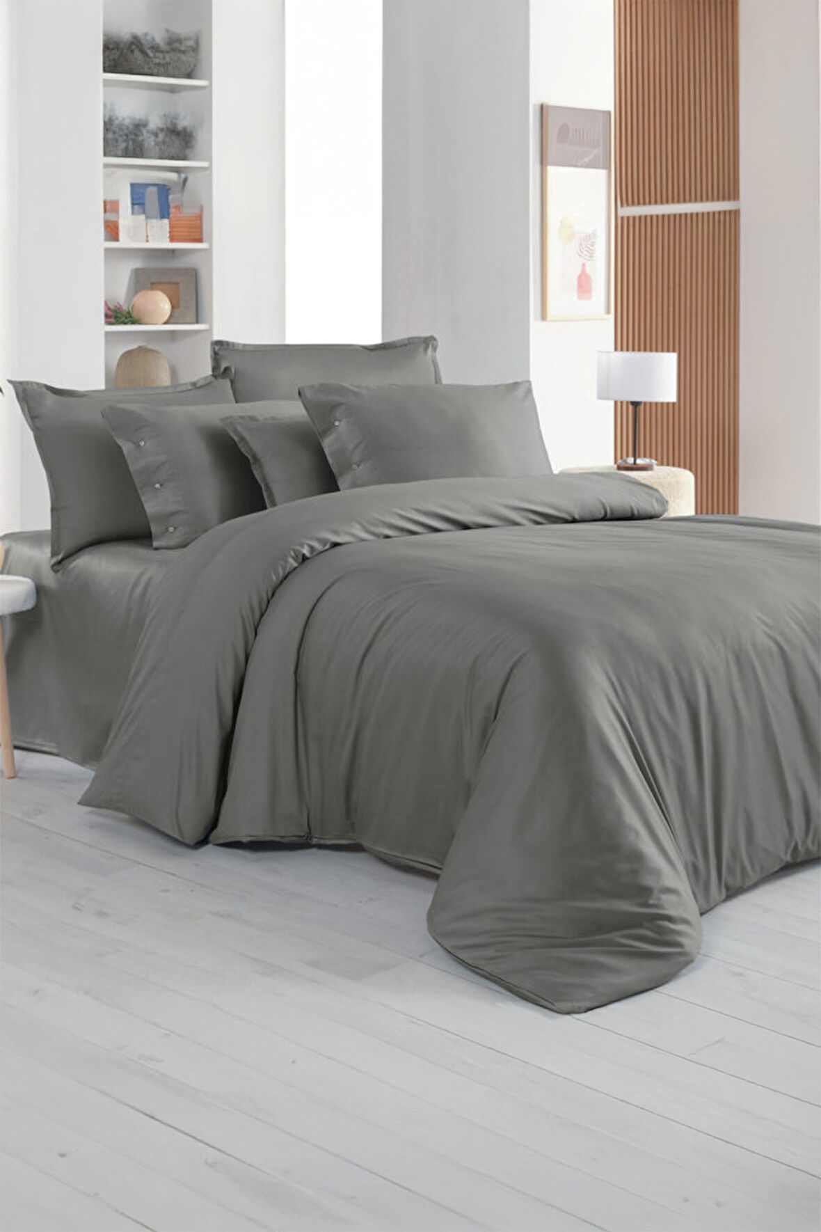 Sarev Monochrome Gray %100 Pamuk Saten King Size Nevresim Takımı