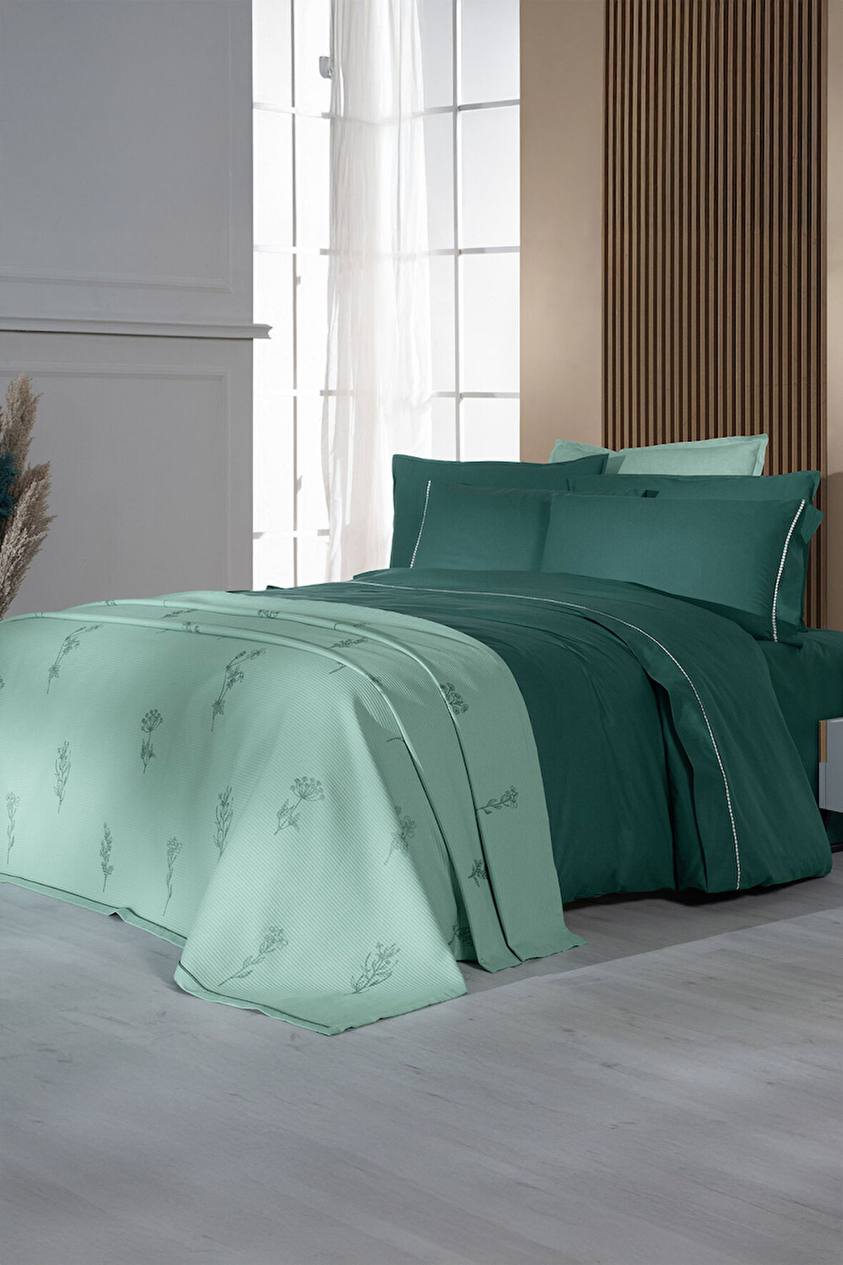 Sarev Eva Eldon Yeşil Çift Kişilik %100 Pamuk Nevresim Takımı ve Pike Seti