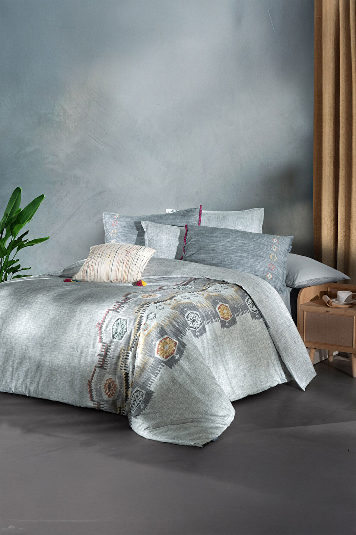 Sarev Zeno Gri Çift Kişilik %100 Pamuk Fancy Nevresim Takımı