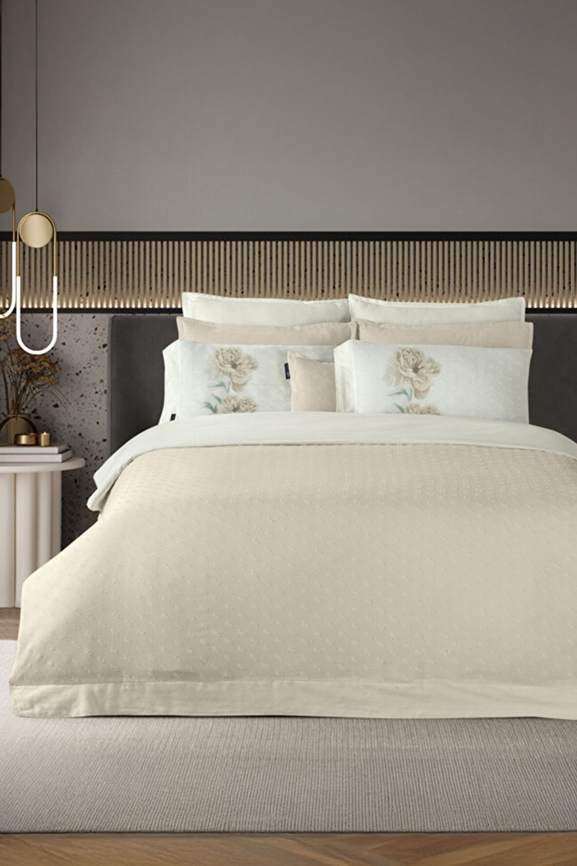 Sarev Lorent Ekru Jakarlı %100 Pamuk Saten Çift Kişilik Nevresim Takımı