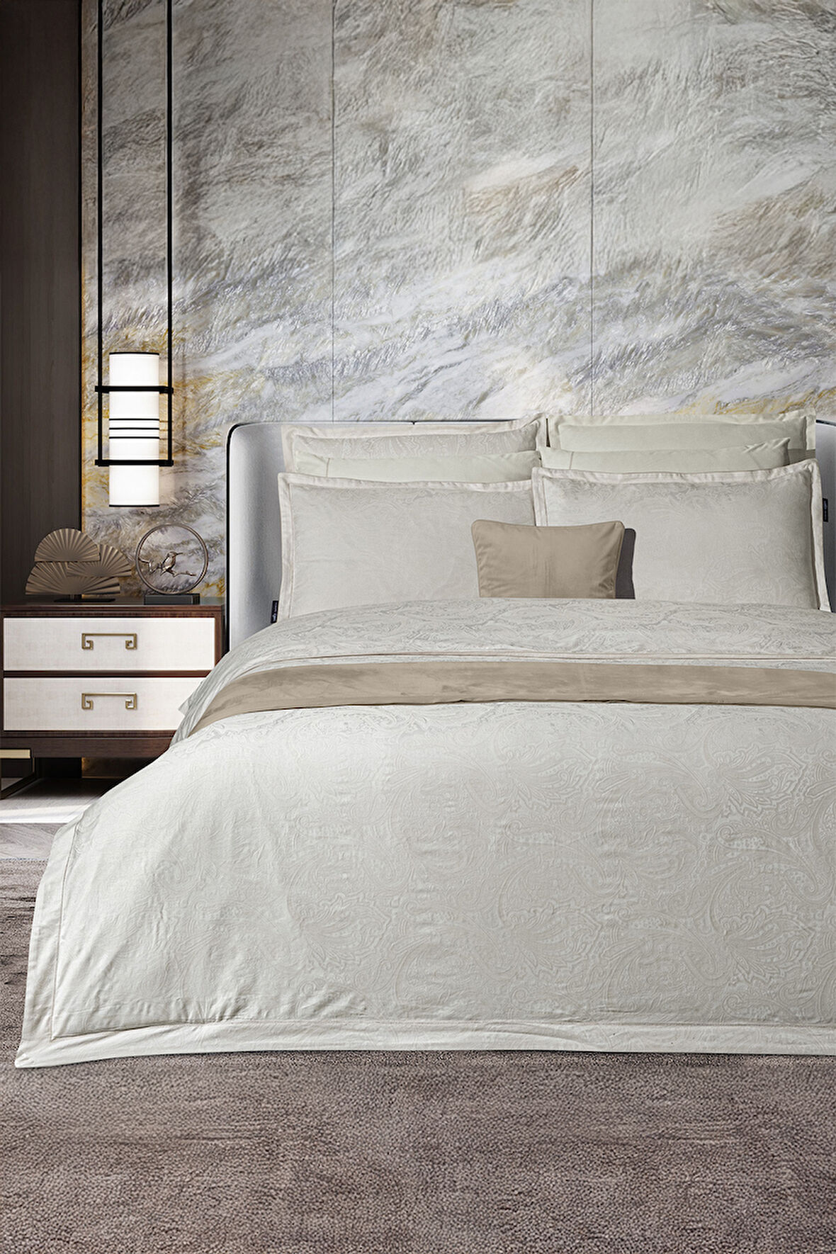 Sarev Borendo Krem Jakarlı %100 Pamuk Saten Çift Kişilik Nevresim Takımı