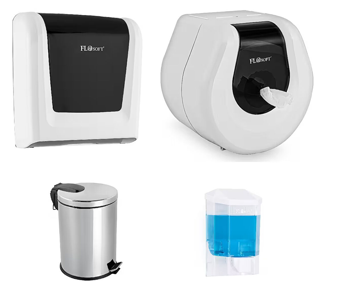 4 lü işyeri seti kağıt havluluk - wc kağıtlık sabunluk çöp kovası seti