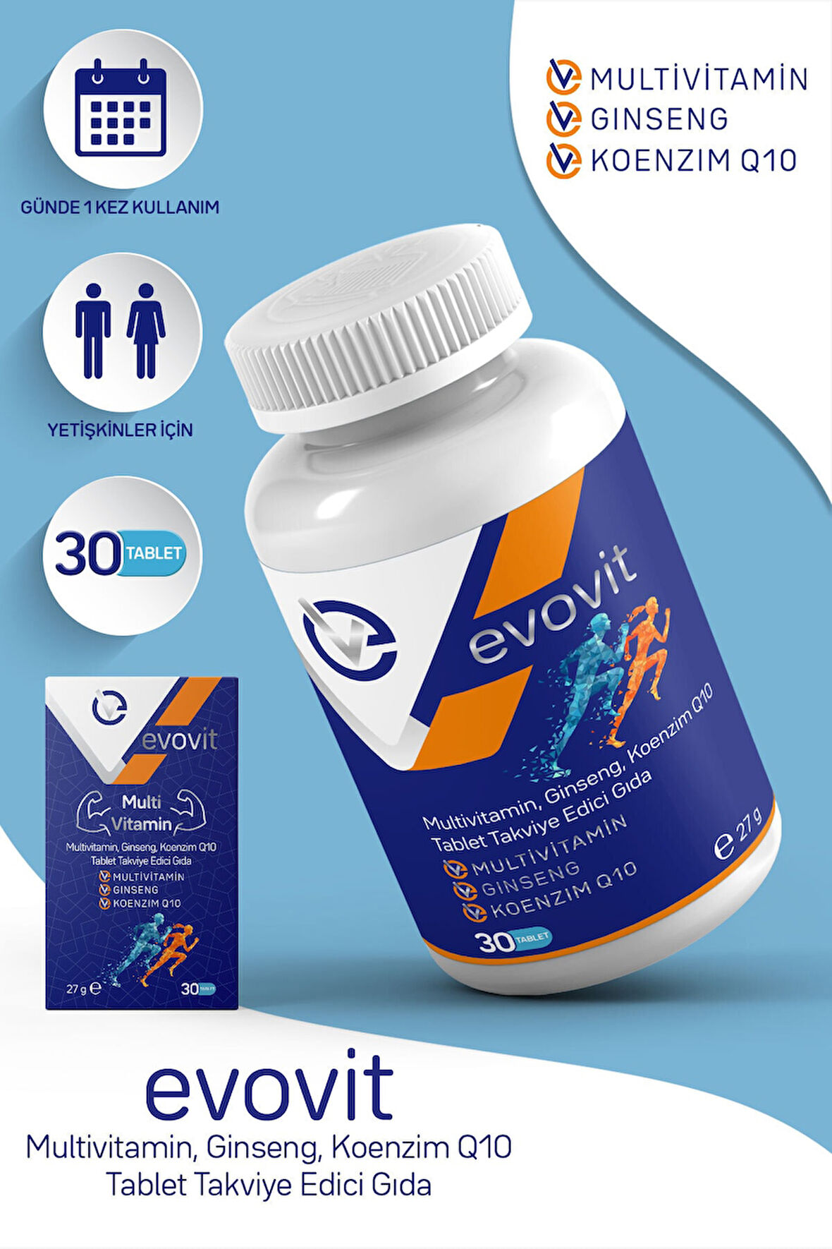 EVOPHARMA Evovit Multivitamin Ginseng Koenzim Q10 Takviye Edici Gıda 30 Tablet