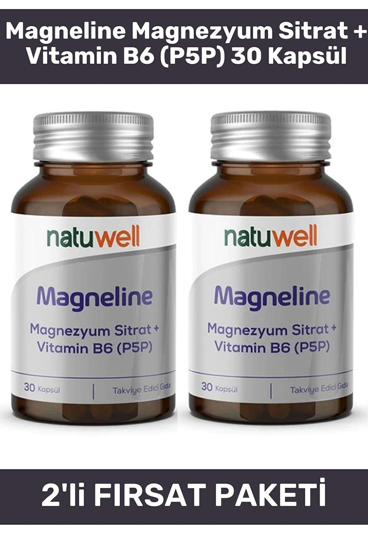 Natuwell Magneline Magnezyum Sitrat + Vitamin B6 (P5P) 30 Kapsül - 2 Adet