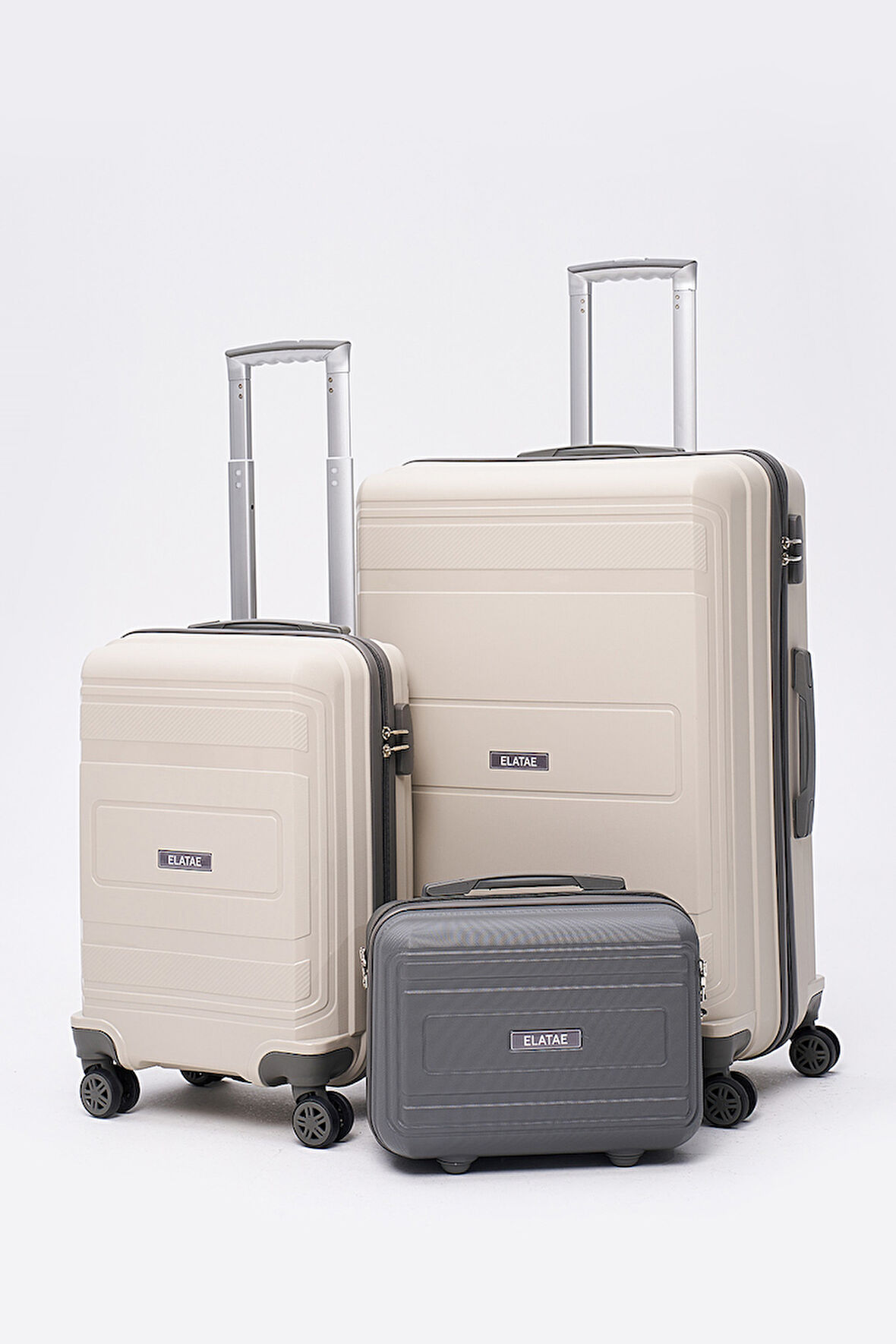 Elatae Premium Poliropilen Kırılmaz 3'lü Valiz Seti Büyük - Kabin Boy ve Makyaj Bej - Antrasit V305