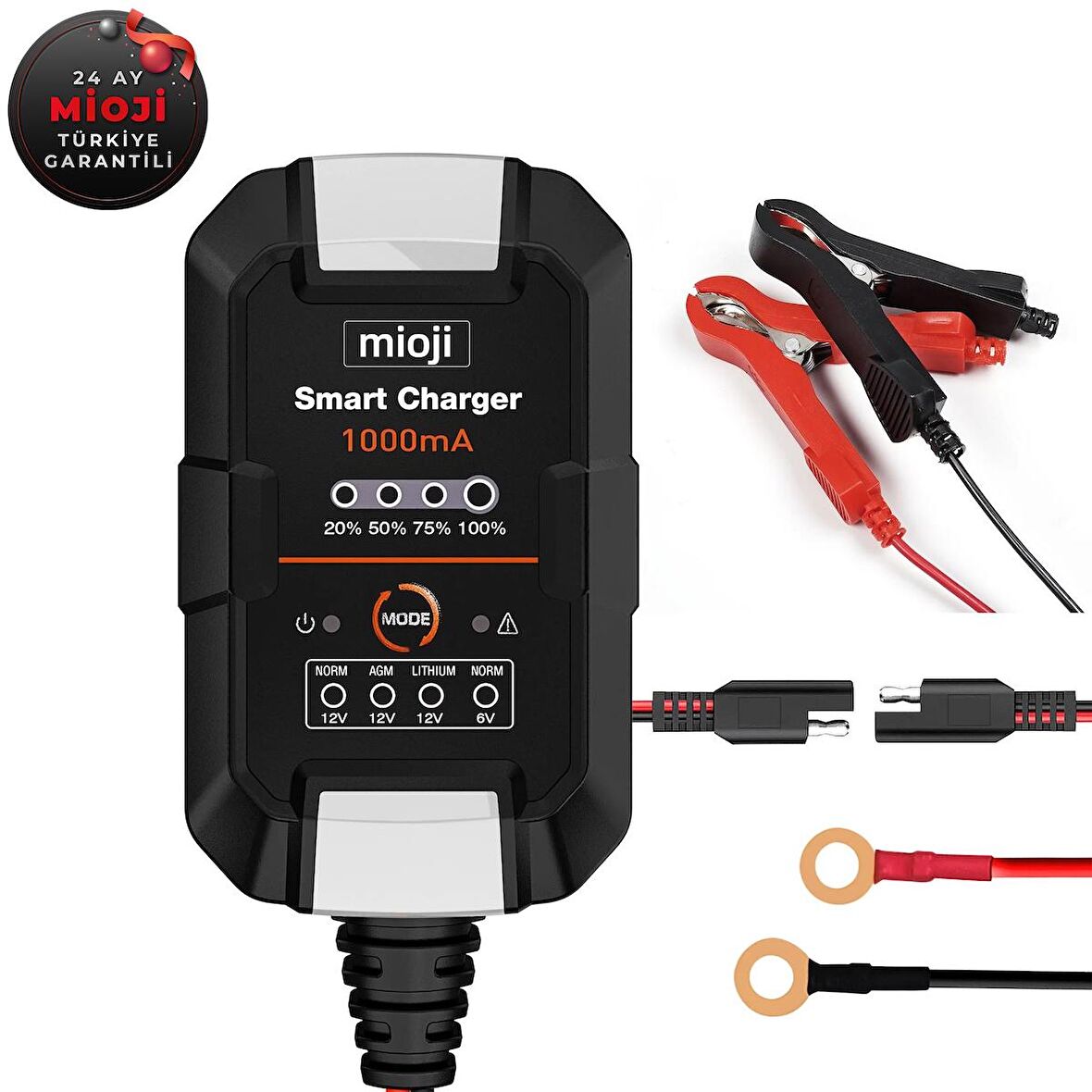 Mioji Mio 1000 1A 6V ve 12V Araba Şarj, Akü Bakım, Damlama Şarj Cihazı ve Motosiklet, ATV, Lityum ve Derin Döngülü Aküler için Kükürt Giderici Akıllı Araç Akü Şarj Cihazı