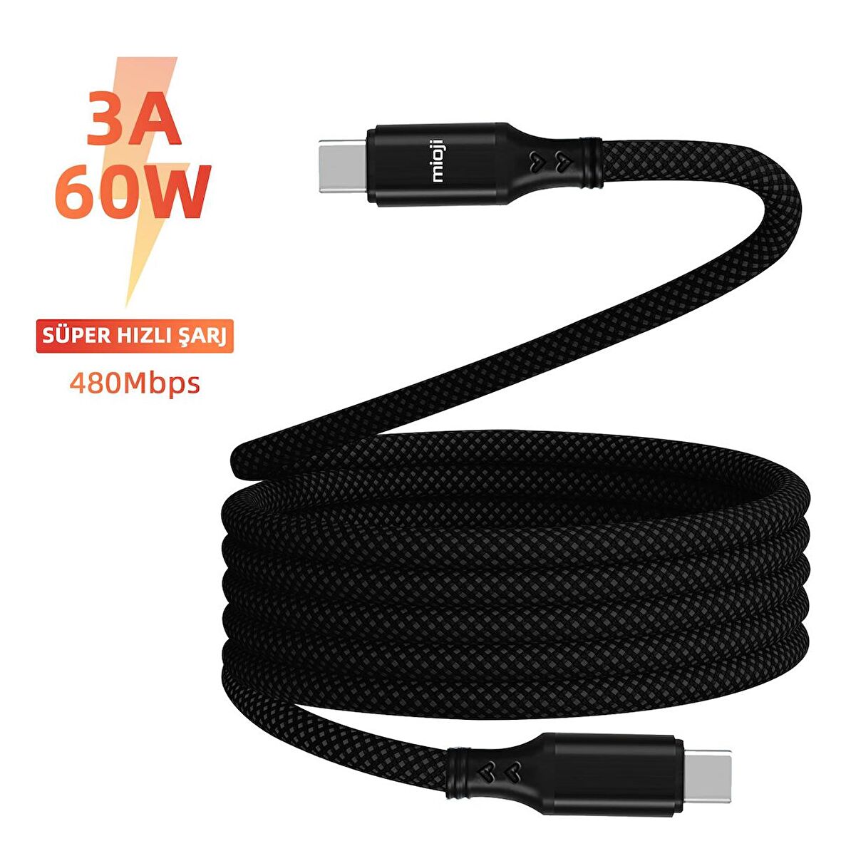 Mioji Mio SC1000 USB-C To USB-C 60W Mıknatıslı Spiral Süper Hızlı Şarj ve Data Kablosu 1m - Siyah