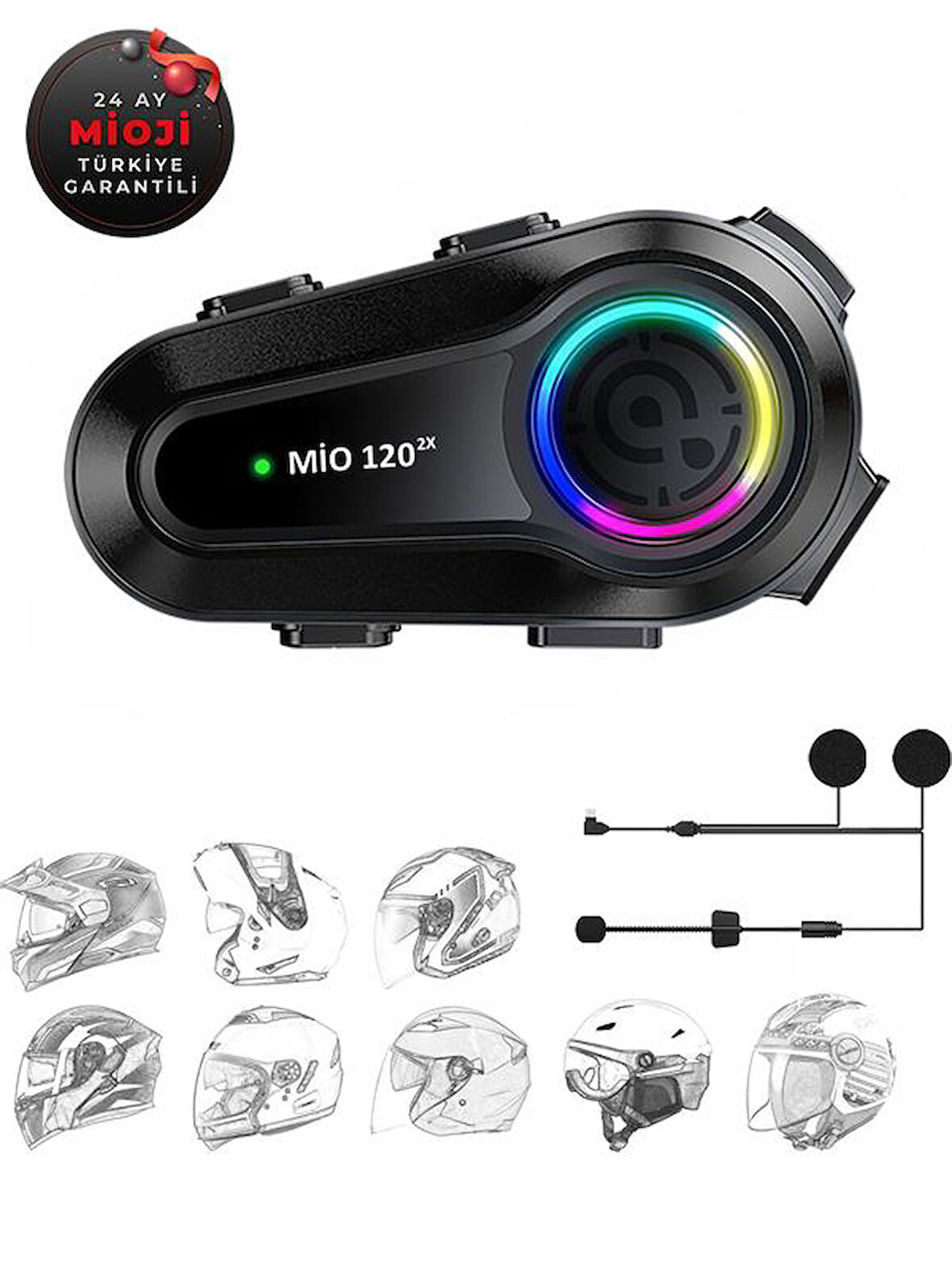 Mioji Mio 120 2x RGB 1000mAh IPX6 1500m 2 Kişilik Kask Intercom Motosiklet Bluetooth Kulaklık - Siyah