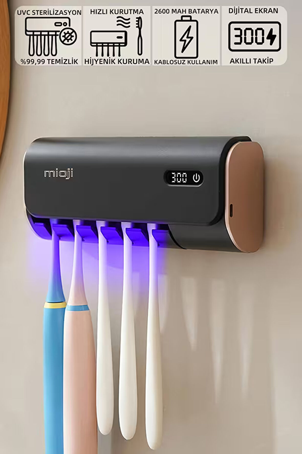 Mioji Mio UV5F Pro 2600mAh Şarj Edilebilir UV Sterilizatörü Diş Fırçası Tutucusu - Siyah