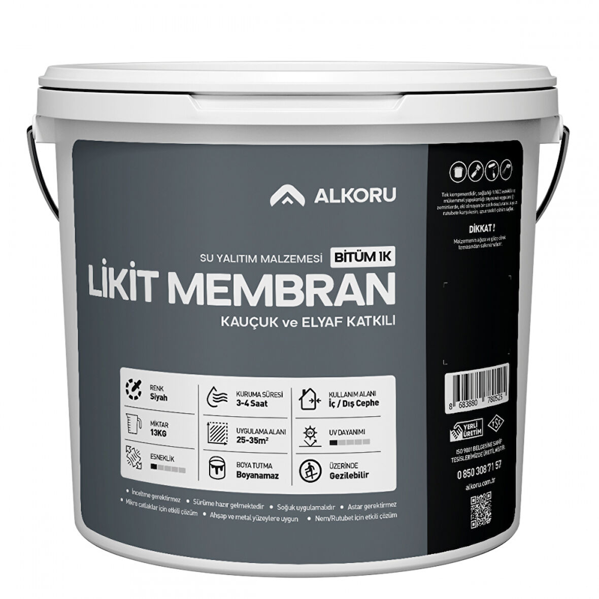 ALKORU 13 KG Bitüm 1K Likit Membran Kauçuk ve Elyaf Katkılı Sıvı Su Yalıtım Malzemesi