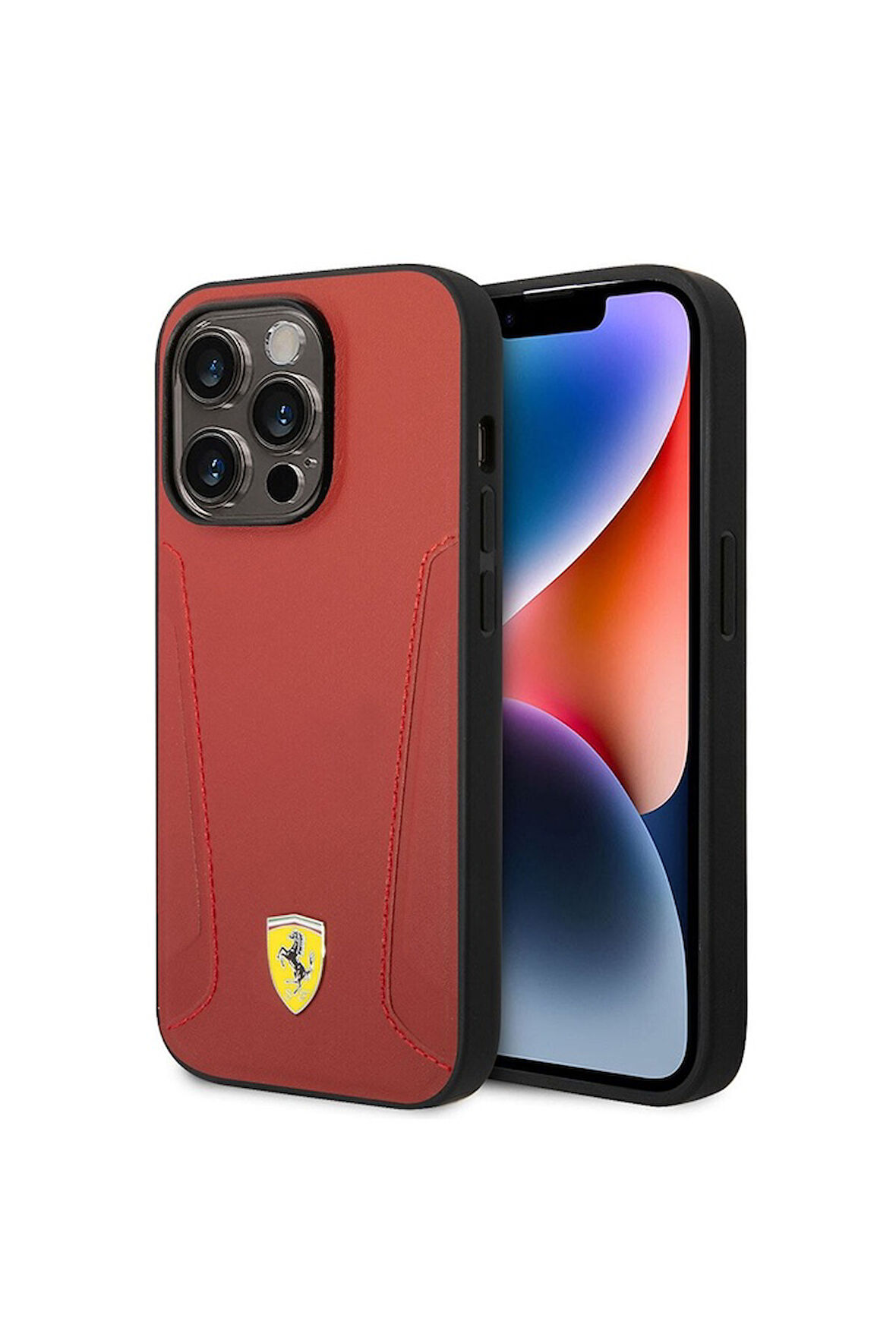 Apple iPhone 14 Pro Max Uyumlu Kılıf Ferrari Magsafe Şarj Özellikli Deri Kenarları Damgalı Dizayn Kapak Kırmızı