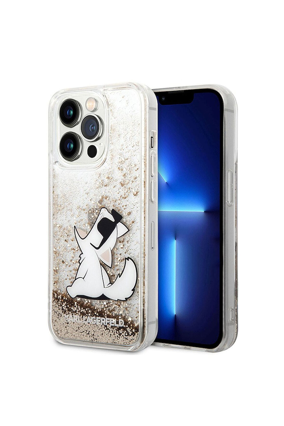 Apple iPhone 14 Pro Uyumlu Kılıf Karl Lagerfeld Sıvılı Simli Choupette Dizayn Kapak Gold