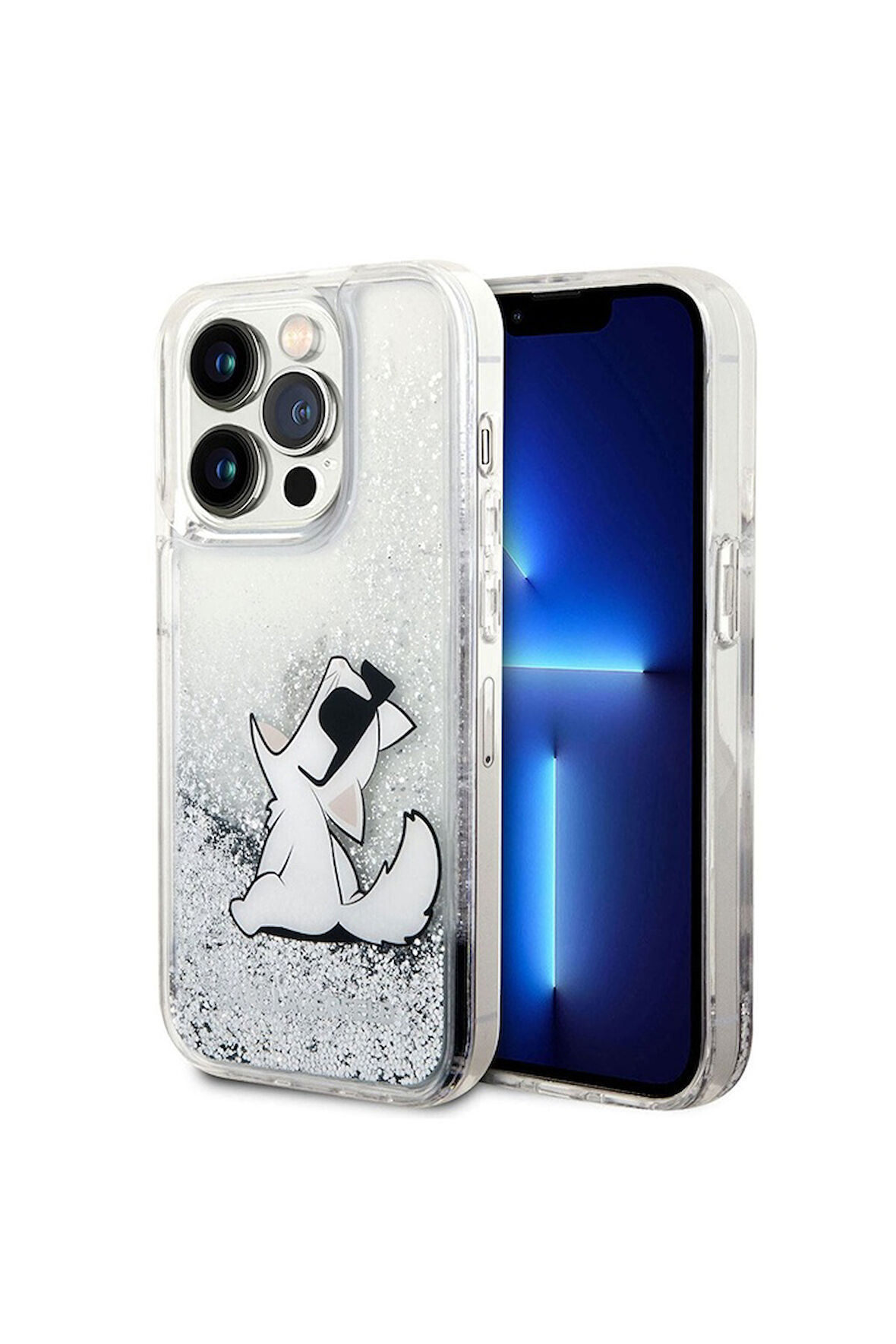 Apple iPhone 14 Pro Uyumlu Kılıf Karl Lagerfeld Sıvılı Simli Choupette Dizayn Kapak Gümüş