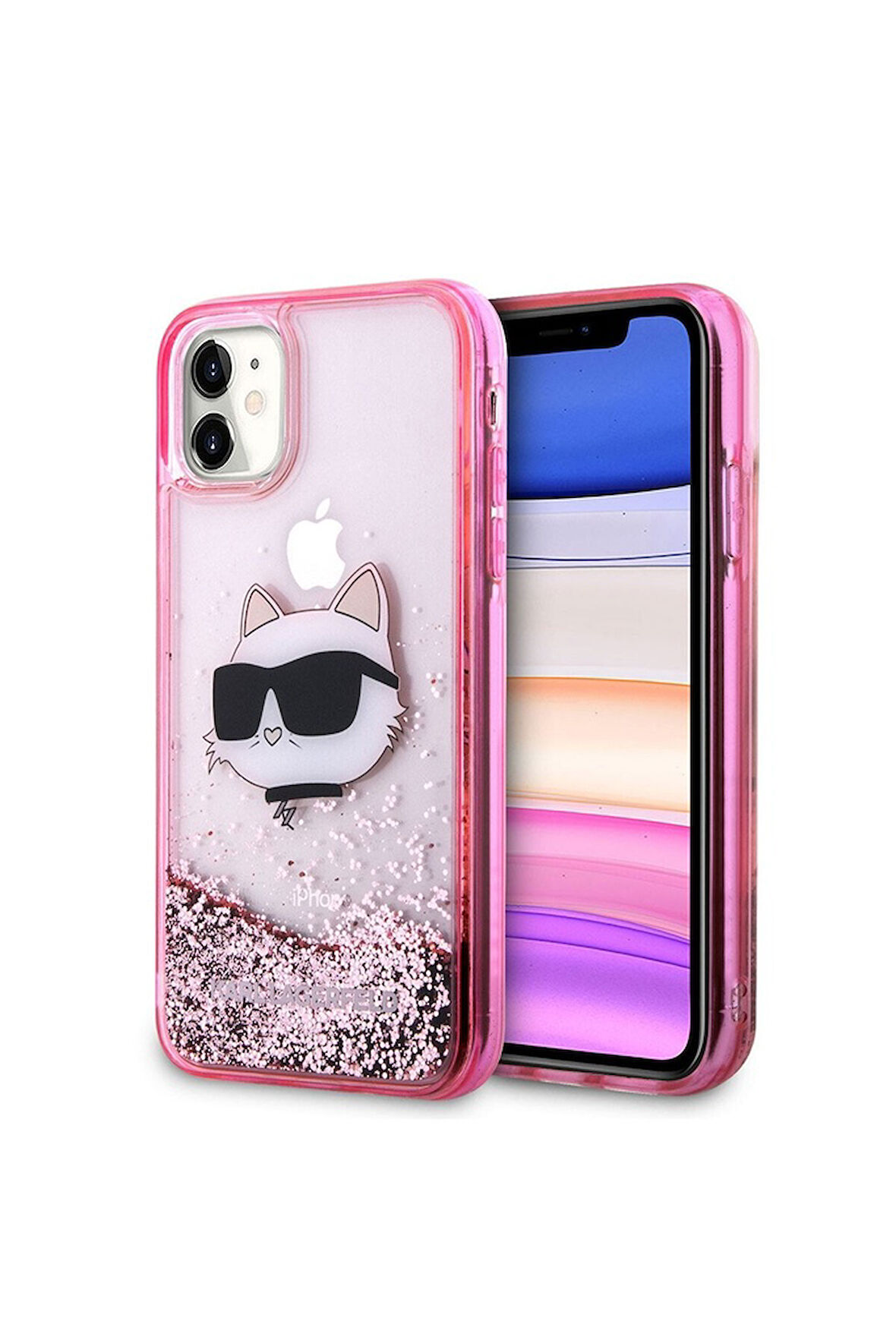 Apple iPhone 11 Uyumlu Kılıf Karl Lagerfeld Sıvılı Simli Choupette Head Dizayn Kapak