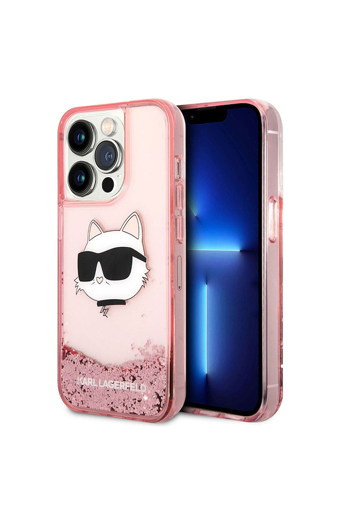 Apple iPhone 14 Pro Max Uyumlu Kılıf Karl Lagerfeld Sıvılı Simli Choupette Head Dizayn Kapak Pembe