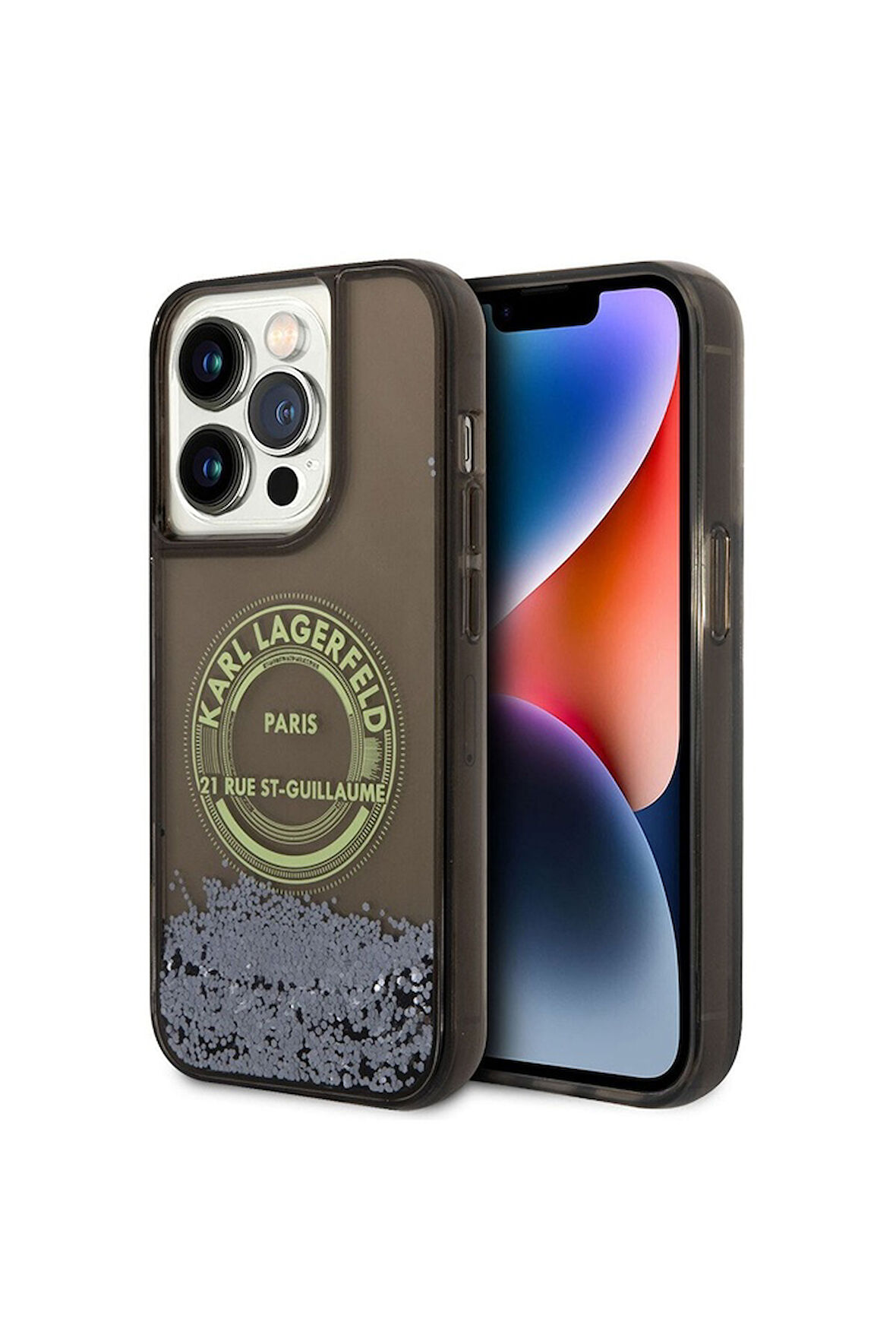 Apple iPhone 14 Pro Max Uyumlu Kılıf Karl Lagerfeld Sıvılı Simli RSG Dizayn Kapak Siyah