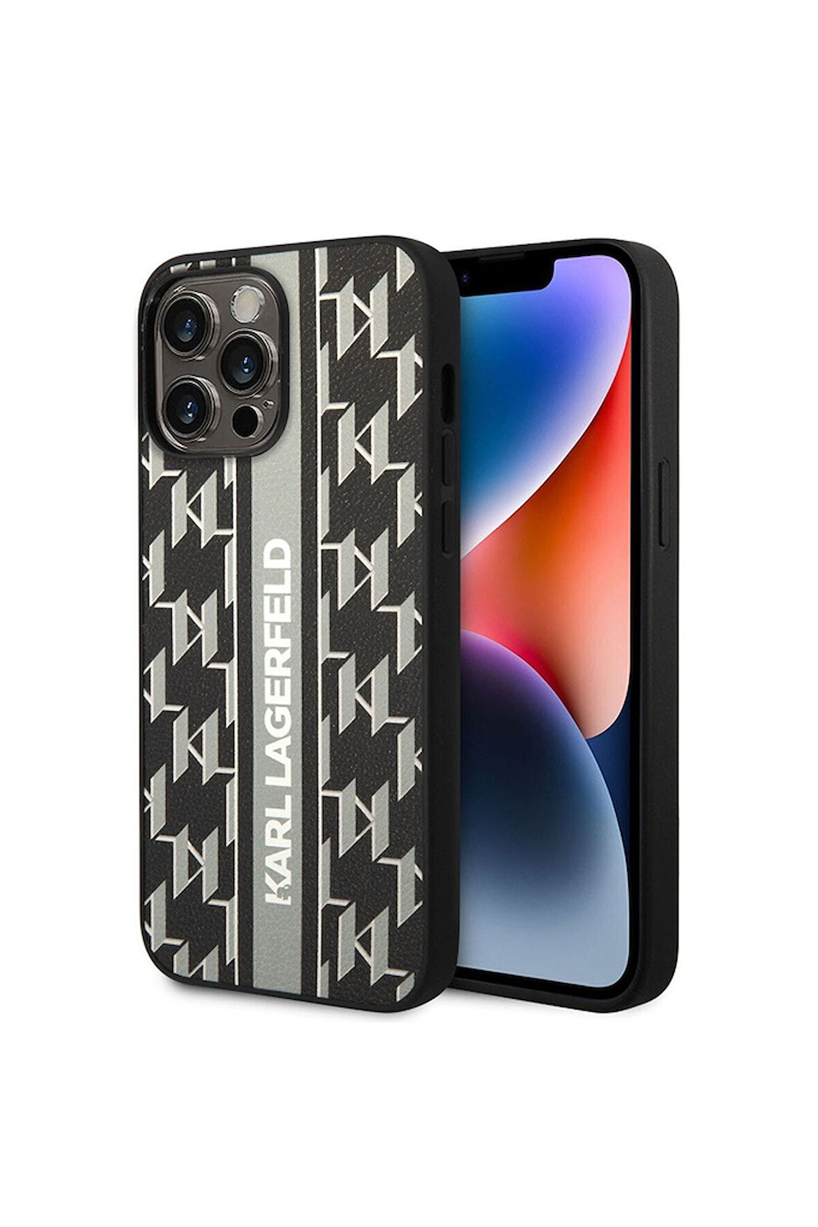 Apple iPhone 14 Pro Max Uyumlu Kılıf Karl Lagerfeld PU Suni Deri Şerit Dizayn Kapak