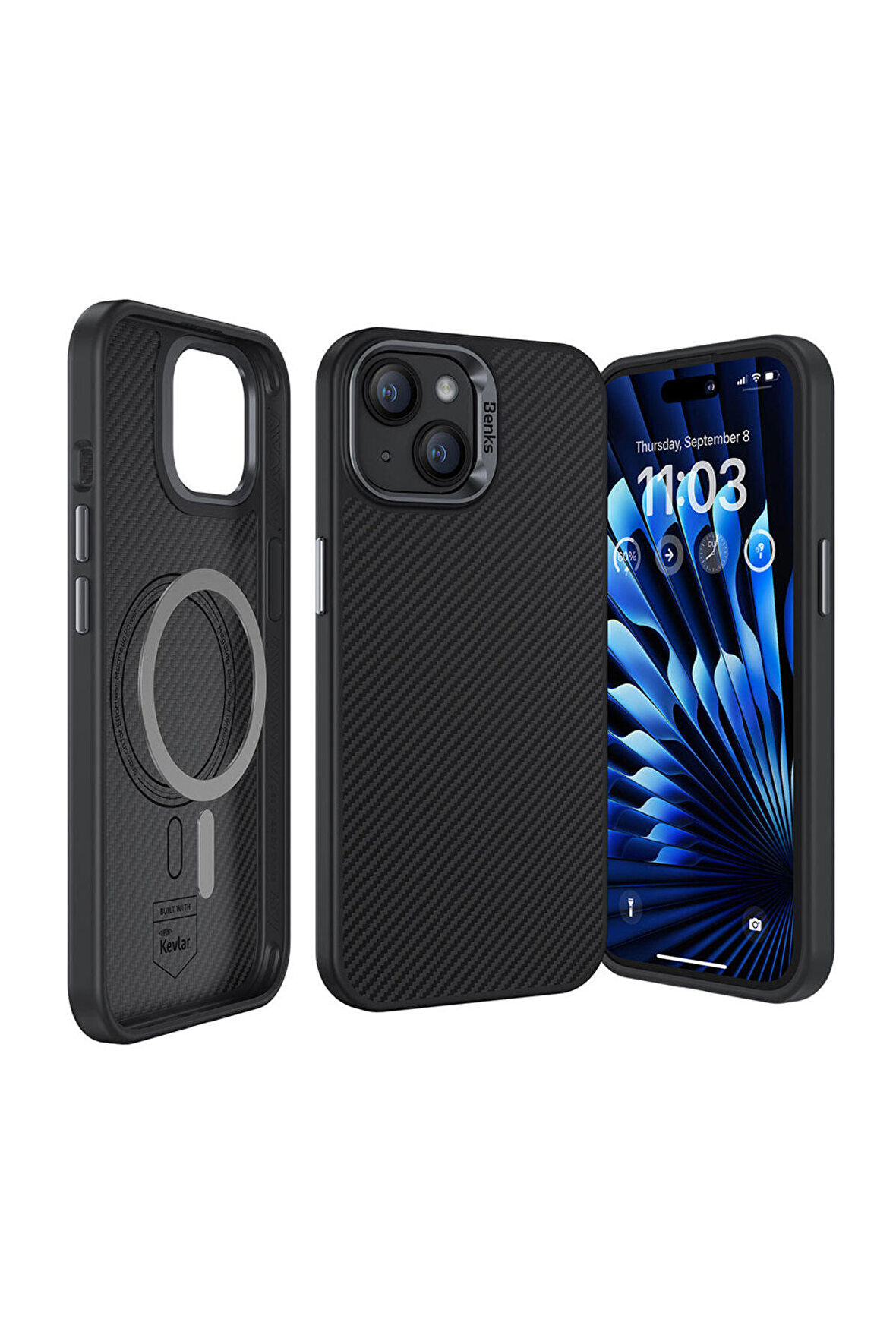 Benks iPhone 15 Uyumlu Kılıf Karbon Fiber Magsafe Şarj Özellikli Benks Hybrid Armorpro 600D Kevlar Kapak
