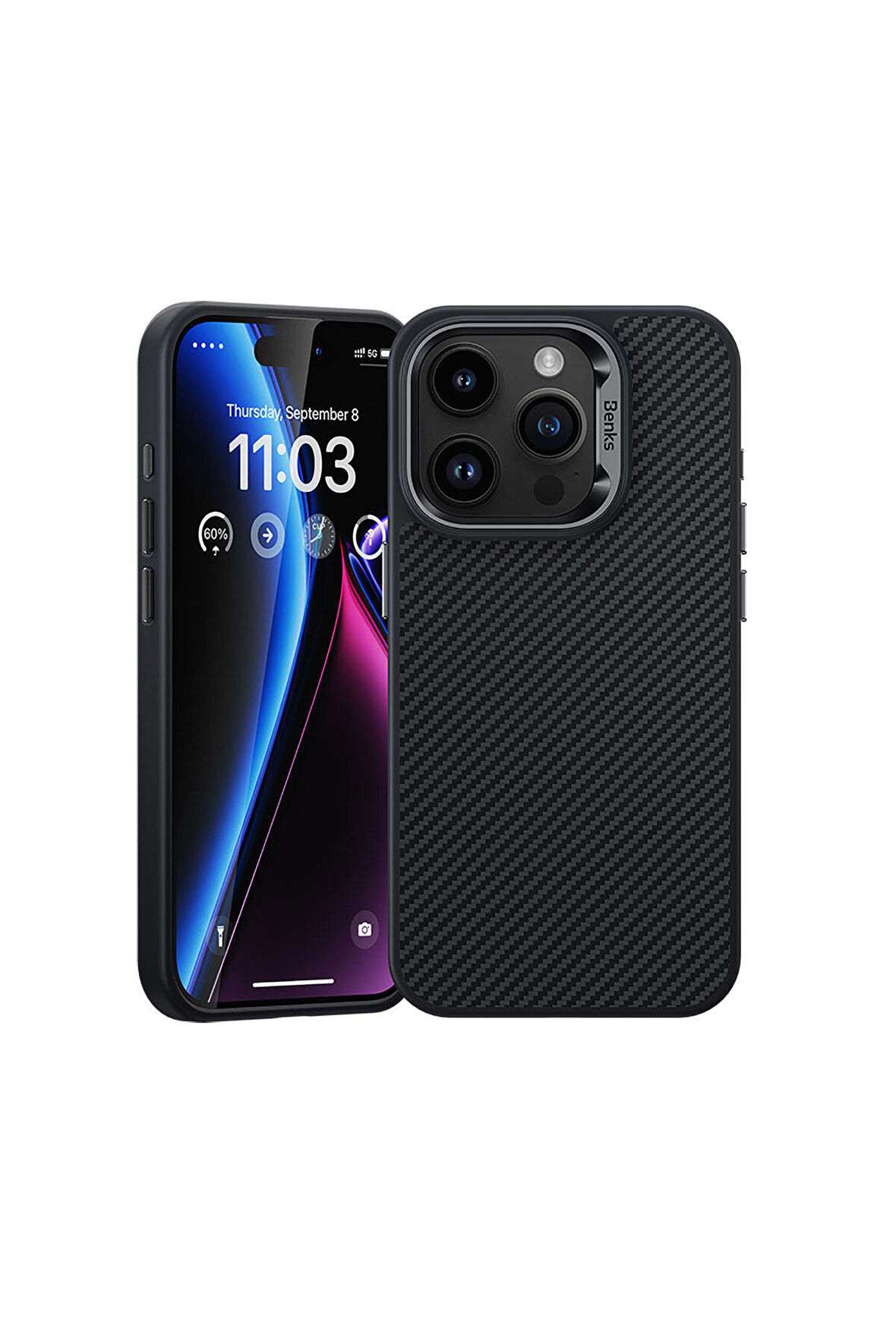 Benks iPhone 15 Pro Max Uyumlu Kılıf Karbon Fiber Magsafe Şarj Özellikli Benks Hybrid Armorpro 600D Kevlar