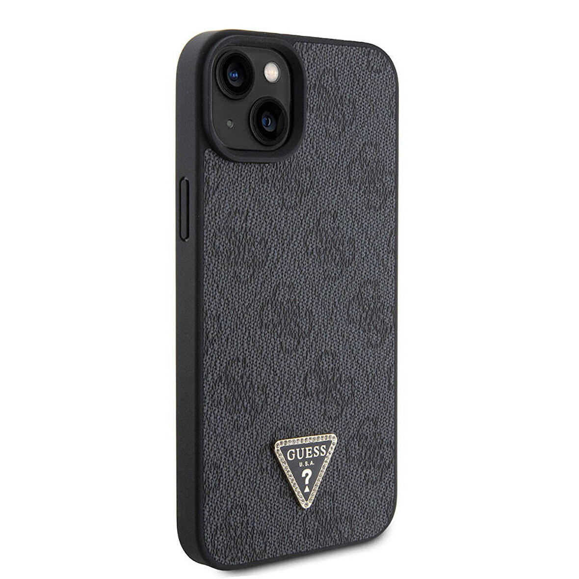 iPhone 15 Uyumlu Kılıf Guess Orjinal Lisanslı PU Deri Taşlı Üçgen Logo 4G Desenli Strass Kapak Siyah