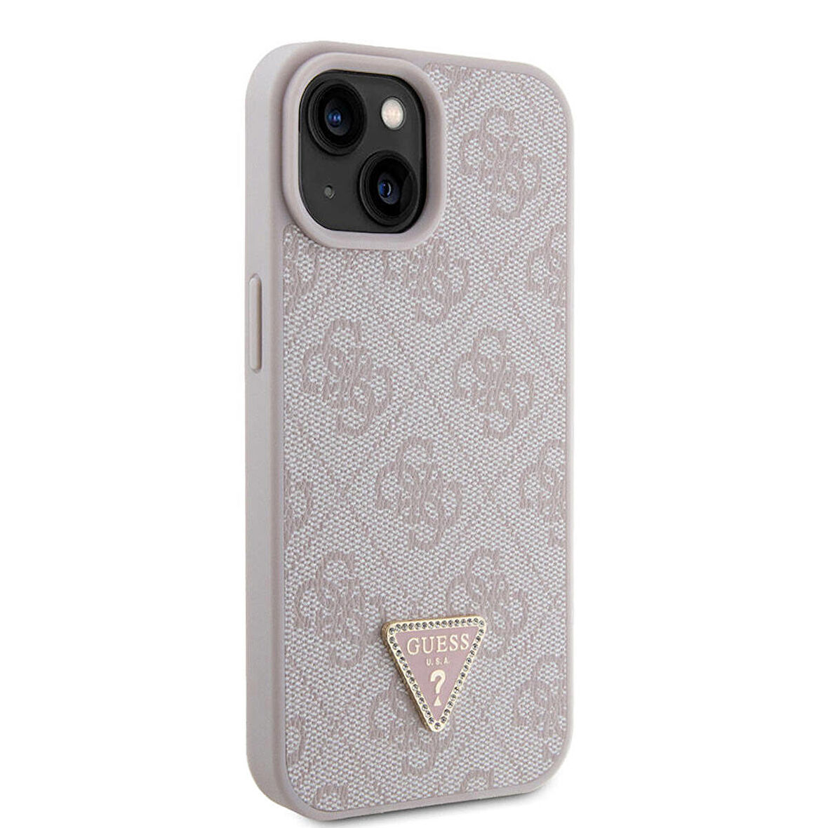 iPhone 15 Uyumlu Kılıf Guess Orjinal Lisanslı PU Deri Taşlı Üçgen Logo 4G Desenli Strass Kapak Pembe