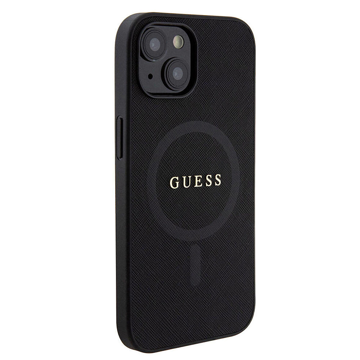 iPhone 15 Uyumlu Kılıf Guess Orjinal Lisanslı Magsafe Şarj Özellikli Yazı Logo Saffiano Kapak Siyah