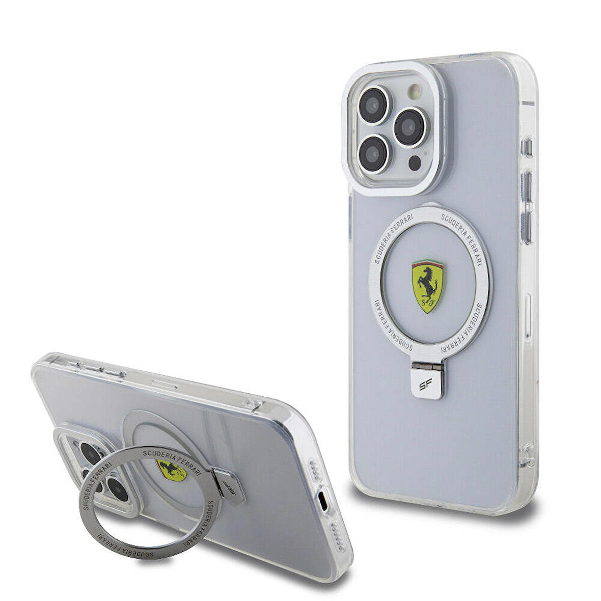 iPhone 15 Pro Max Uyumlu Kılıf Ferrari Magsafe Şarj Özellikli Standlı Buzlu Yüzey Dizayn Kapak Gümüş