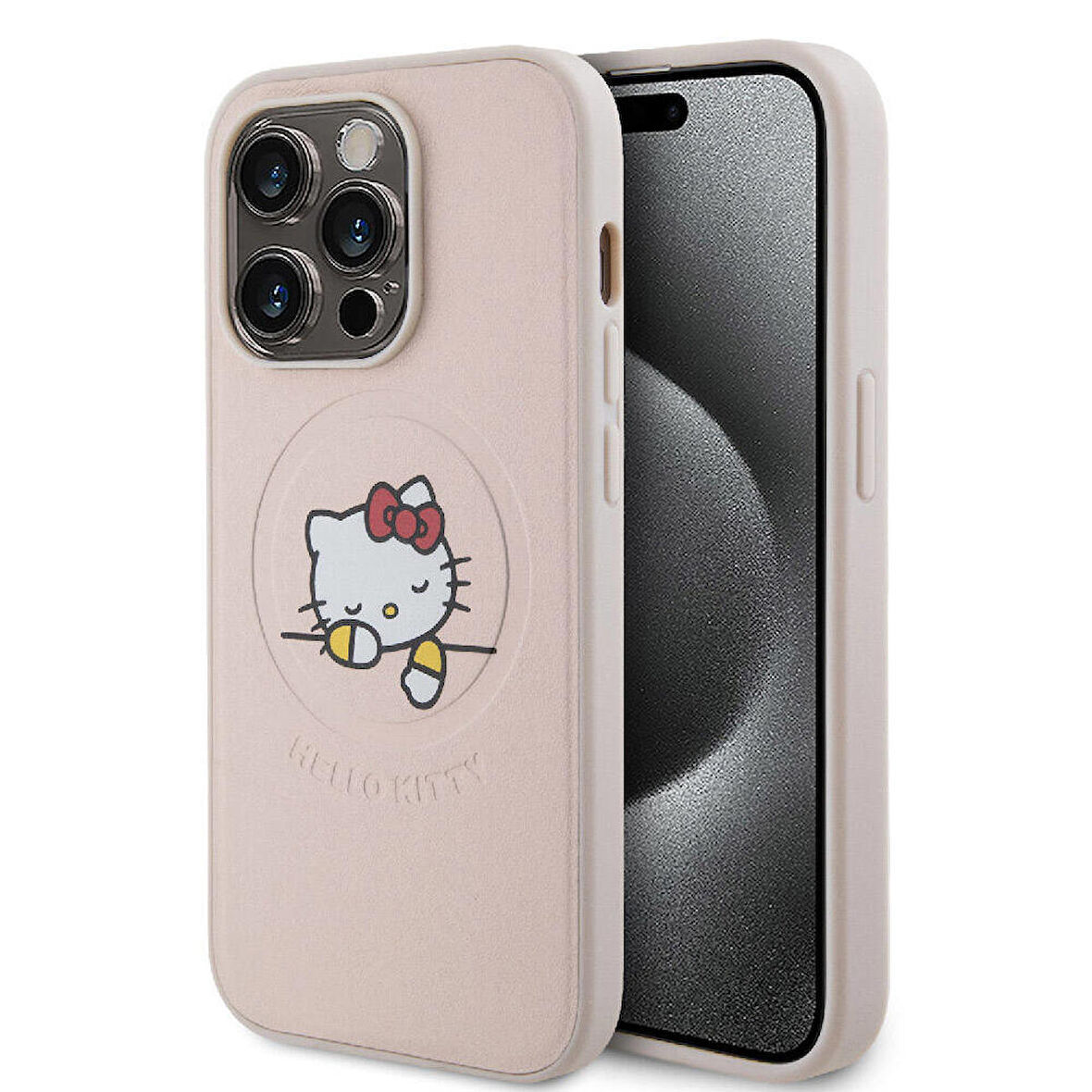 iPhone 15 Pro Kılıf Hello Kitty Orj Lisanslı Magsafe Özellikli Baskı Logolu Uyuyan Kitty Deri Pembe