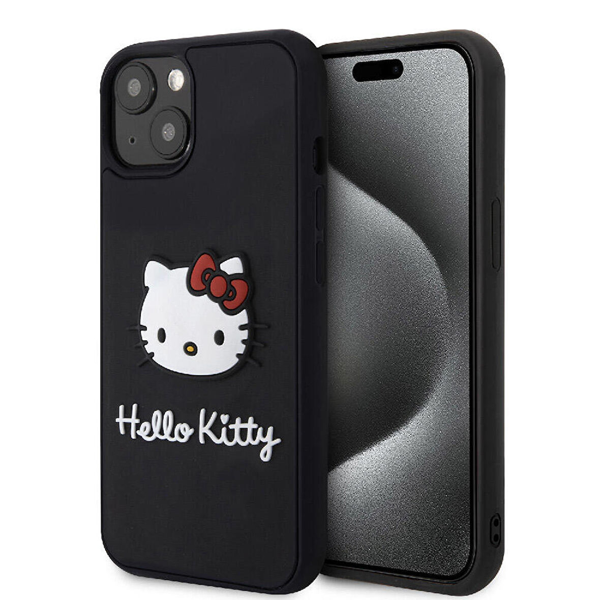 iPhone 15 Kılıf Hello Kitty Orjinal Lisanslı Yazı ve İkonik Logolu 3D Rubber Kitty Head Kapak Siyah