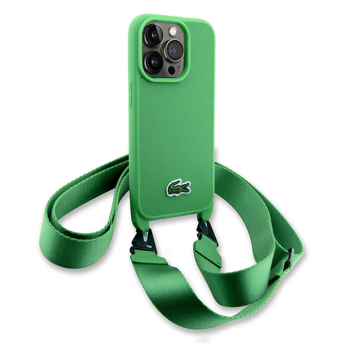 iPhone 15 Pro Kılıf Lacoste Orjinal Lisanslı PU Pike Desenli Askılı İkonik Timsah Dokuma Logo Yeşil