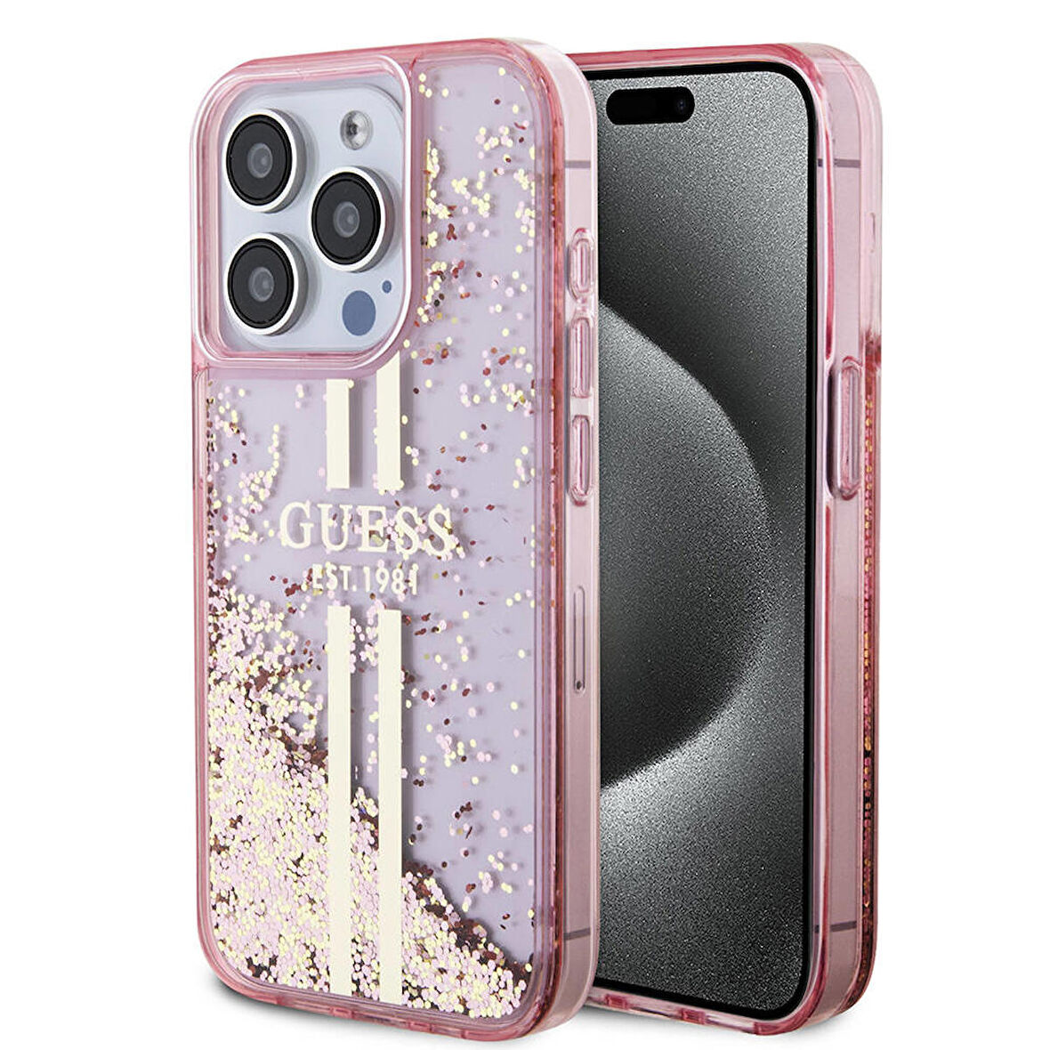 iPhone 15 Pro Uyumlu Kılıf Guess Lisanslı Transparan Sıvılı Simli Altın Çizgili Kapak Pembe