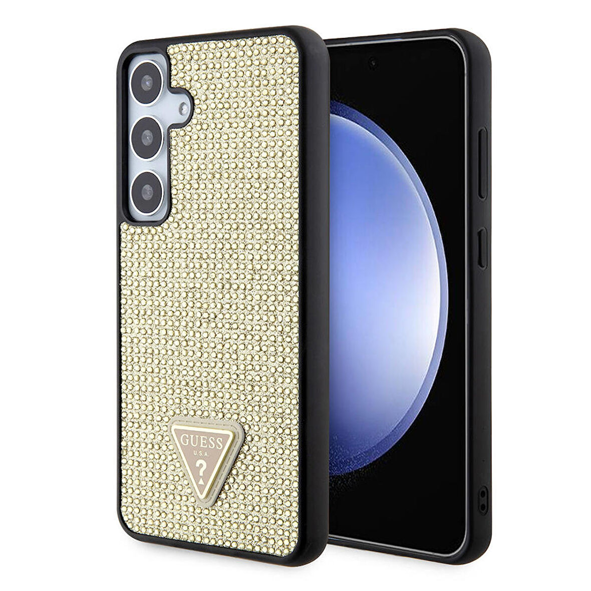 Galaxy S24 Uyumlu Kılıf Guess Lisanslı Taşlı Arka Yüzey Üçgen Logolu Kapak Gold