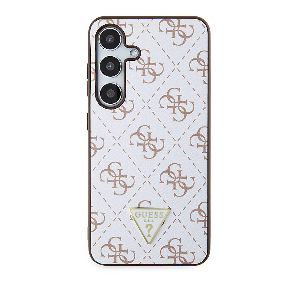Galaxy S24 Uyumlu Kılıf Guess Lisanslı PU Üçgen Logo 4G Desenli Kapak Beyaz