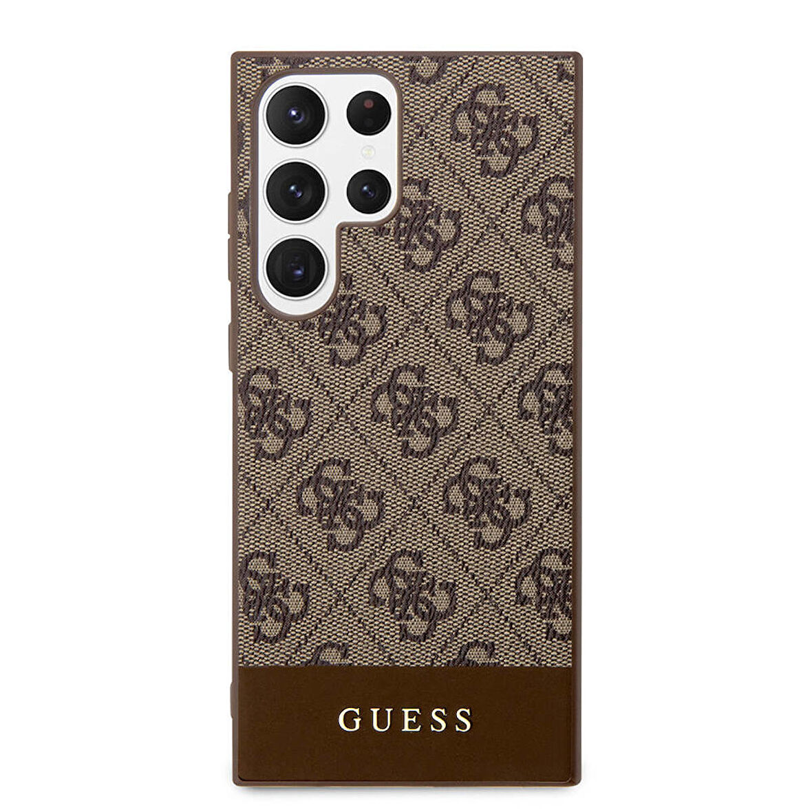 Galaxy S24 Ultra Uyumlu Kılıf Guess Lisanslı PU Deri Şerit Logo Dizaynlı Kapak Kahverengi