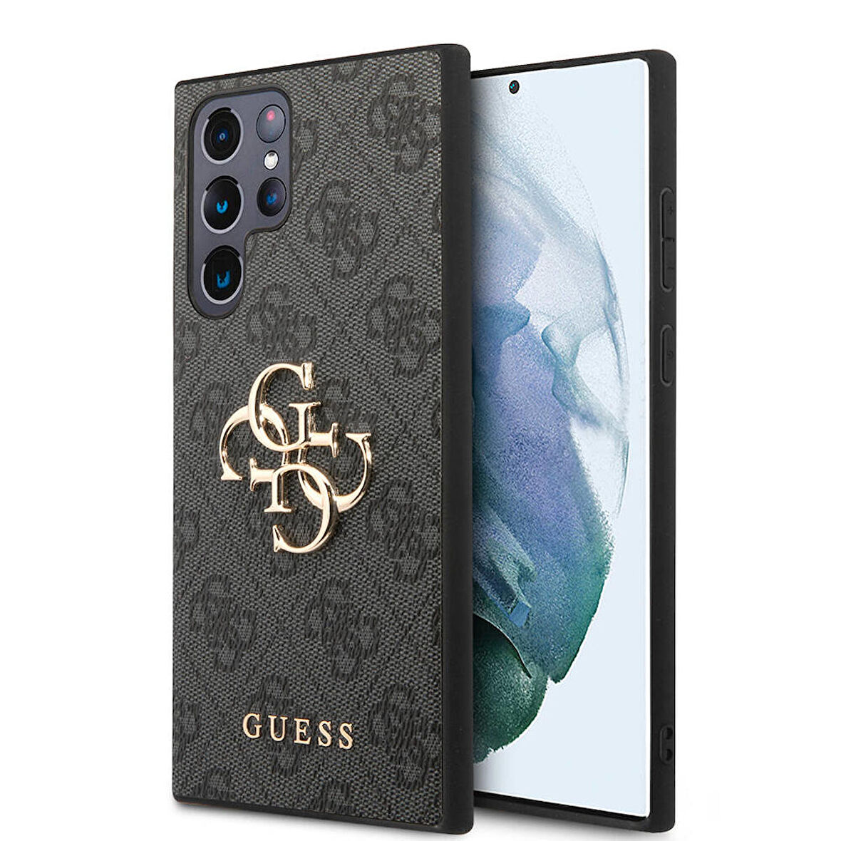 Galaxy S24 Ultra Uyumlu Kılıf Guess Lisanslı PU Deri Yazı ve 4G Metal Logolu Desenli Kapak Siyah