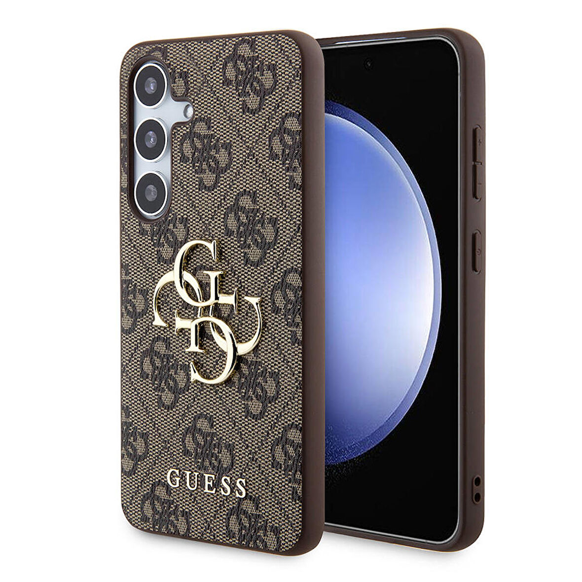 Galaxy S24 Uyumlu Kılıf Guess Lisanslı PU Deri Yazı ve 4G Metal Logolu Desenli Kapak Kahverengi