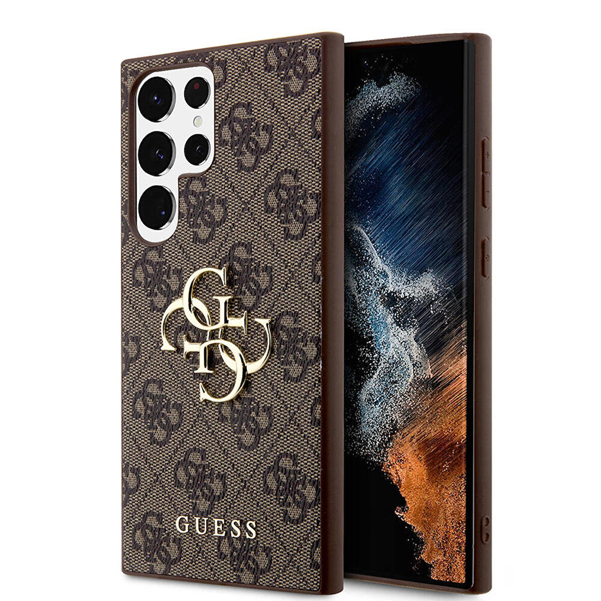 Galaxy S24 Ultra Kılıf Guess Lisanslı PU Deri Yazı ve 4G Metal Logolu Desenli Kapak Kahverengi