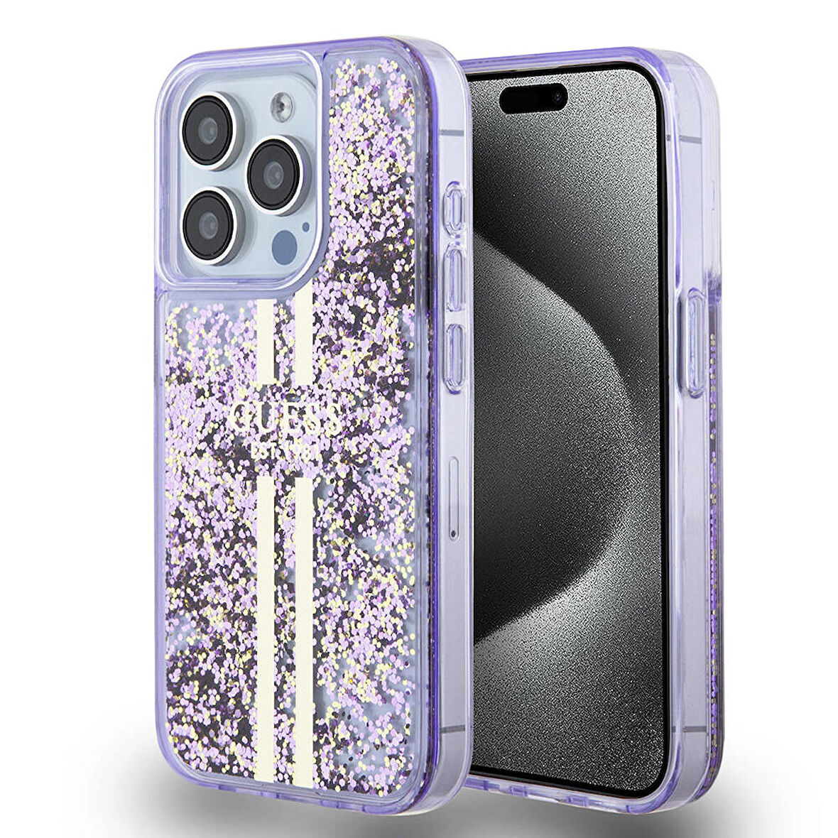 iPhone 15 Pro Uyumlu Kılıf Guess Orjinal Lisanslı Transparan Sıvılı Simli Altın Çizgili Kapak mor