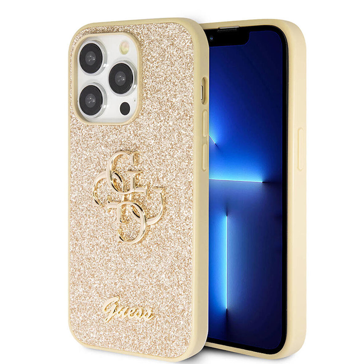 iPhone 14 Pro Max Uyumlu Kılıf Guess Orjinal Lisanslı 4G Büyük Metal Logolu Glitter Kapak Gold