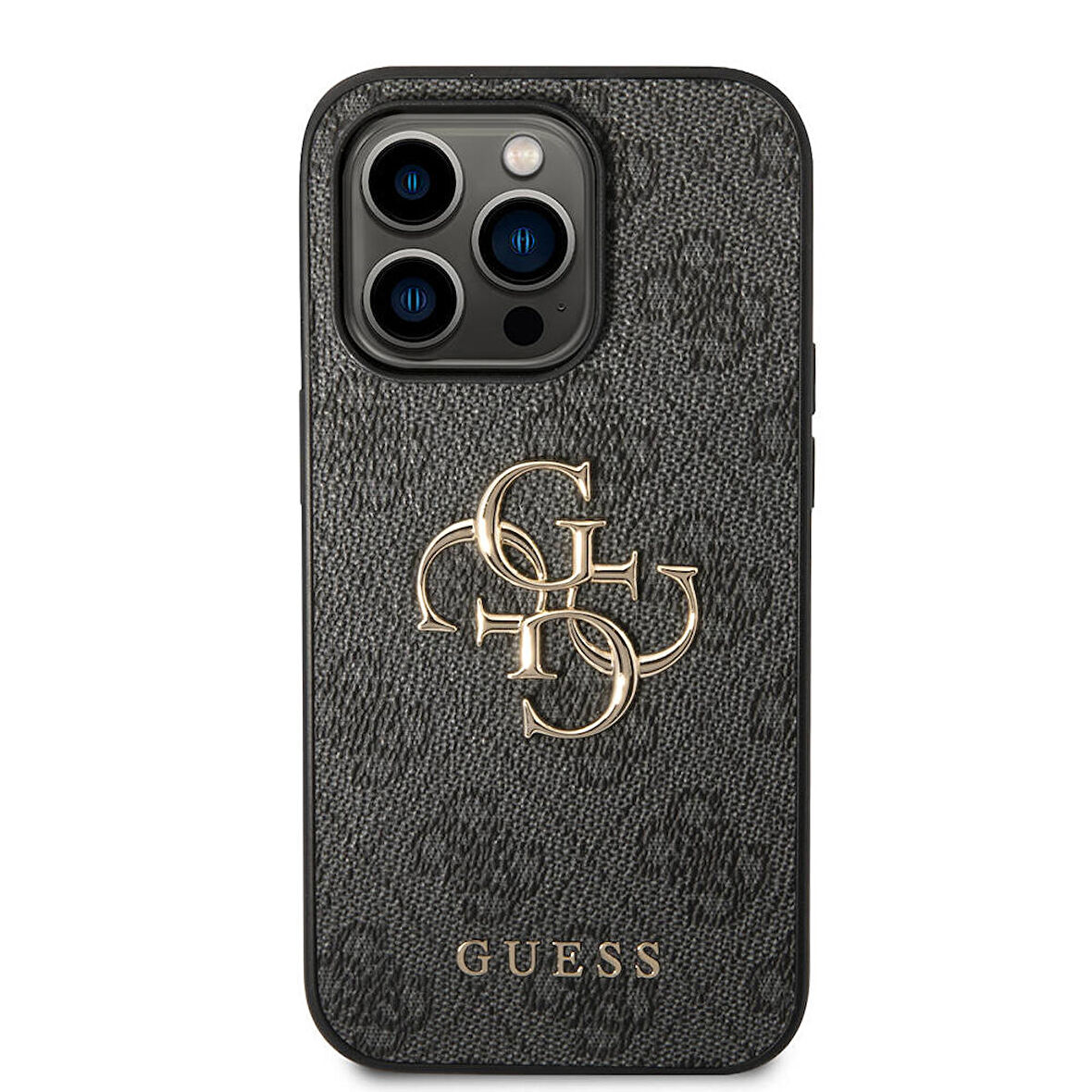 iPhone 14 Pro Uyumlu Kılıf Guess PU Deri Büyük Metal Logo Dizaynlı Kapak Gri