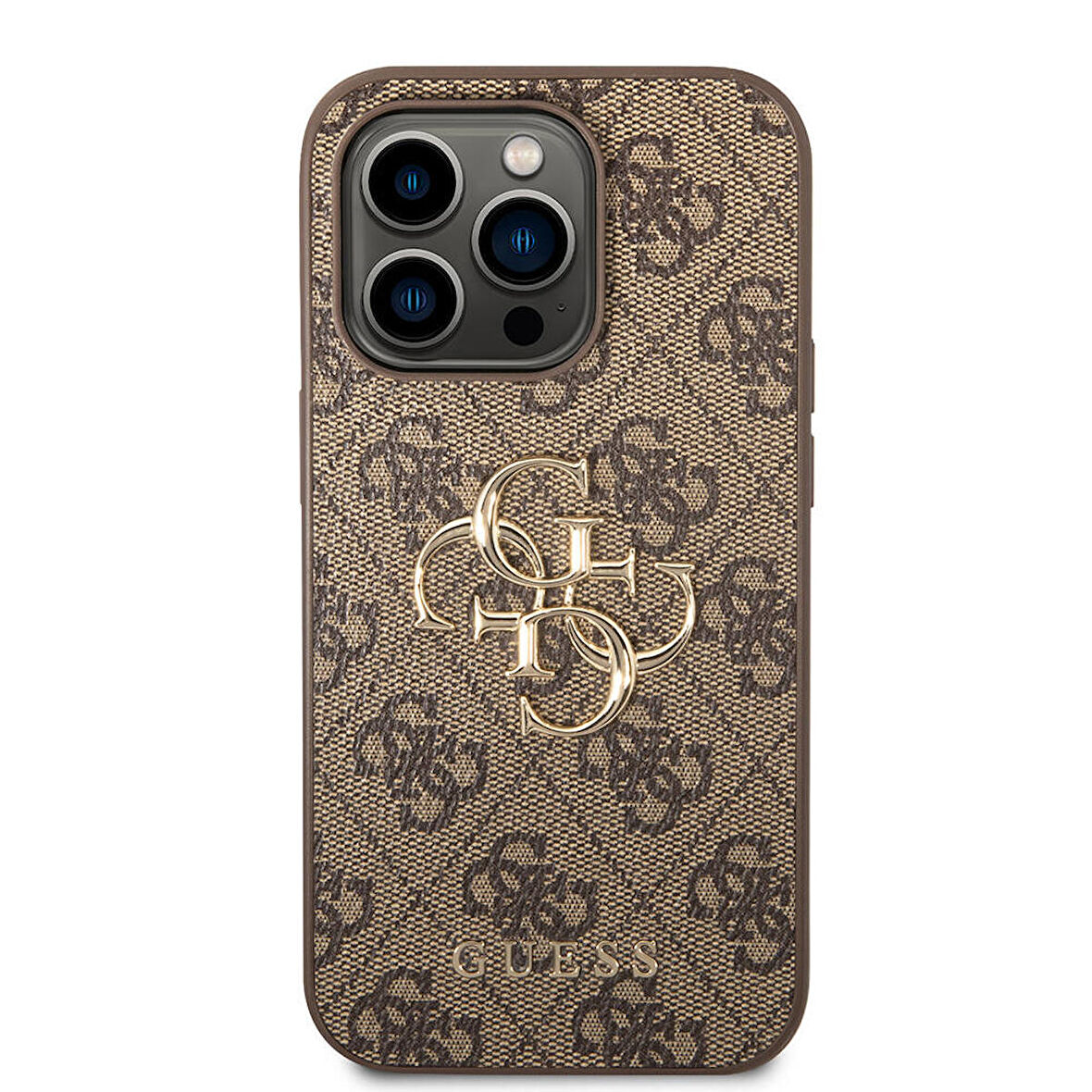 iPhone 14 Pro Uyumlu Kılıf Guess PU Deri Büyük Metal Logo Dizaynlı Kapak Kahverengi