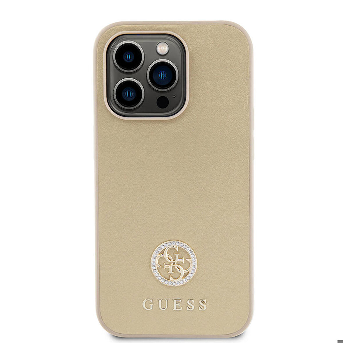 iPhone 14 Pro Max Uyumlu Kılıf Guess Orjinal Lisanslı Deri 4G Metal Logo Strass Kapak Gold