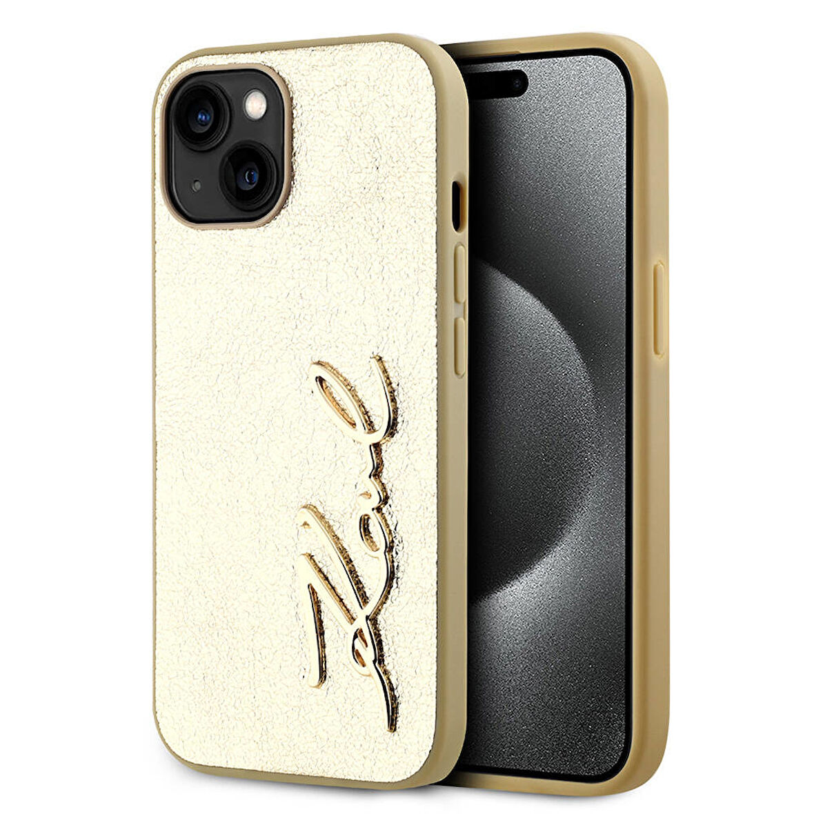 iPhone 15 Kılıf Karl Lagerfeld Lisanslı 3D KL Yazılı Tüylü Arka Yüzey Saffiano Rhinestones Gold