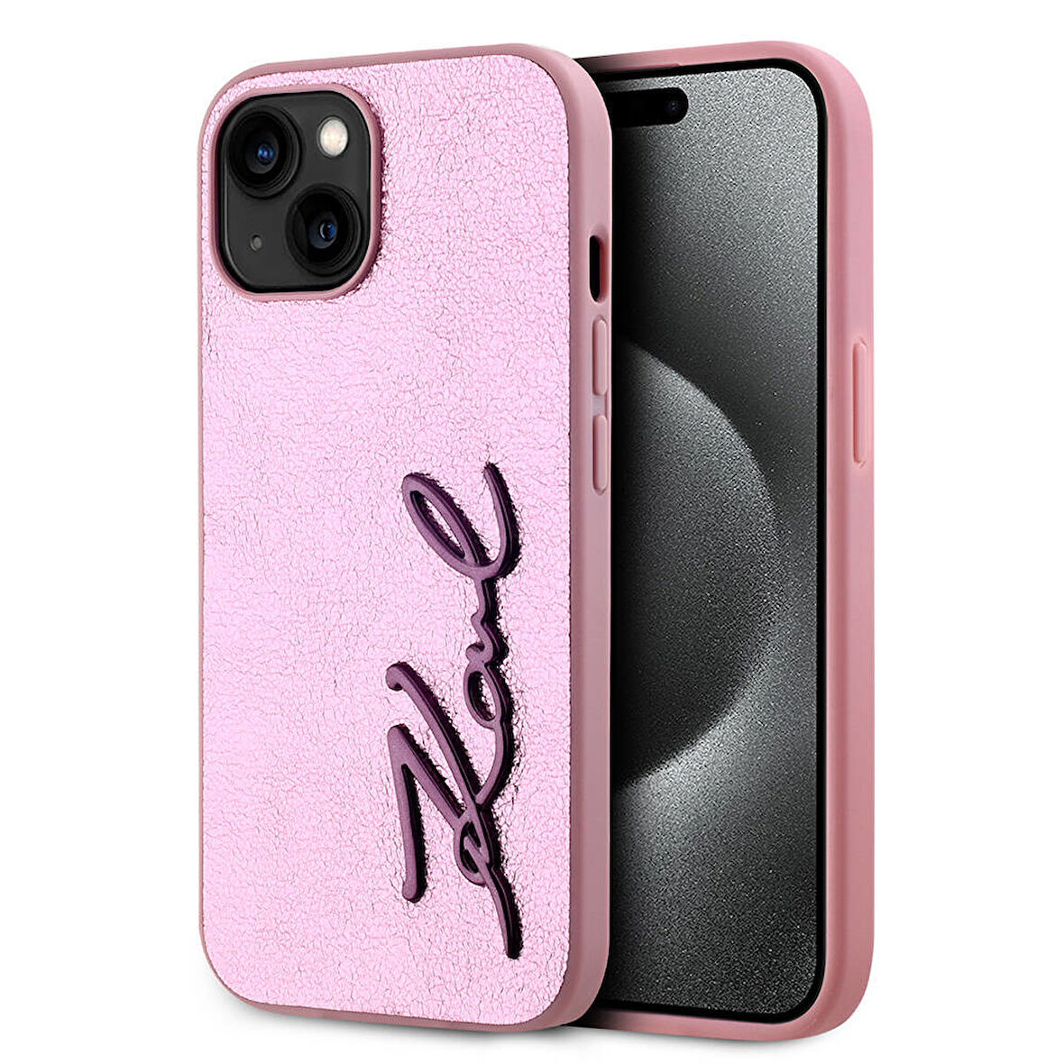 iPhone 15 Kılıf Karl Lagerfeld Lisanslı 3D KL Yazılı Tüylü Arka Yüzey Saffiano Rhinestones Pembe