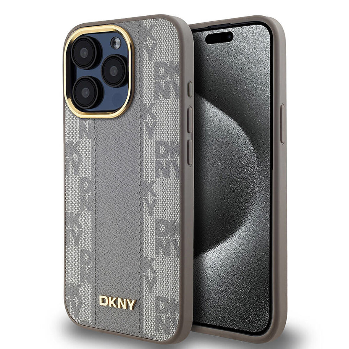 Apple iPhone 15 Pro Uyumlu Kılıf DKNY Orjinal Lisanslı Magsafe Şarj Özellikli 3D Yazılı Checkered Pattern Kapak